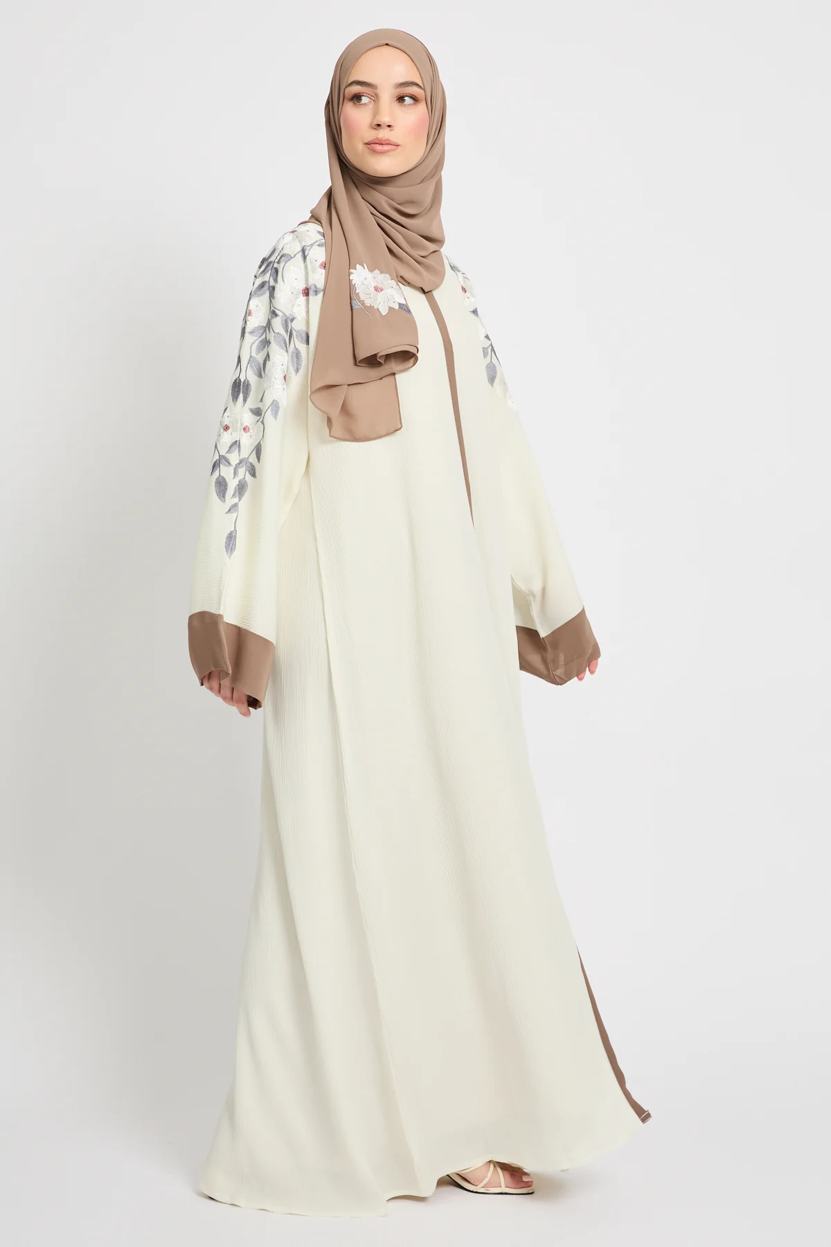 Premium Textured Floral Embroidered Open Abaya  - Ivory White - Image 7