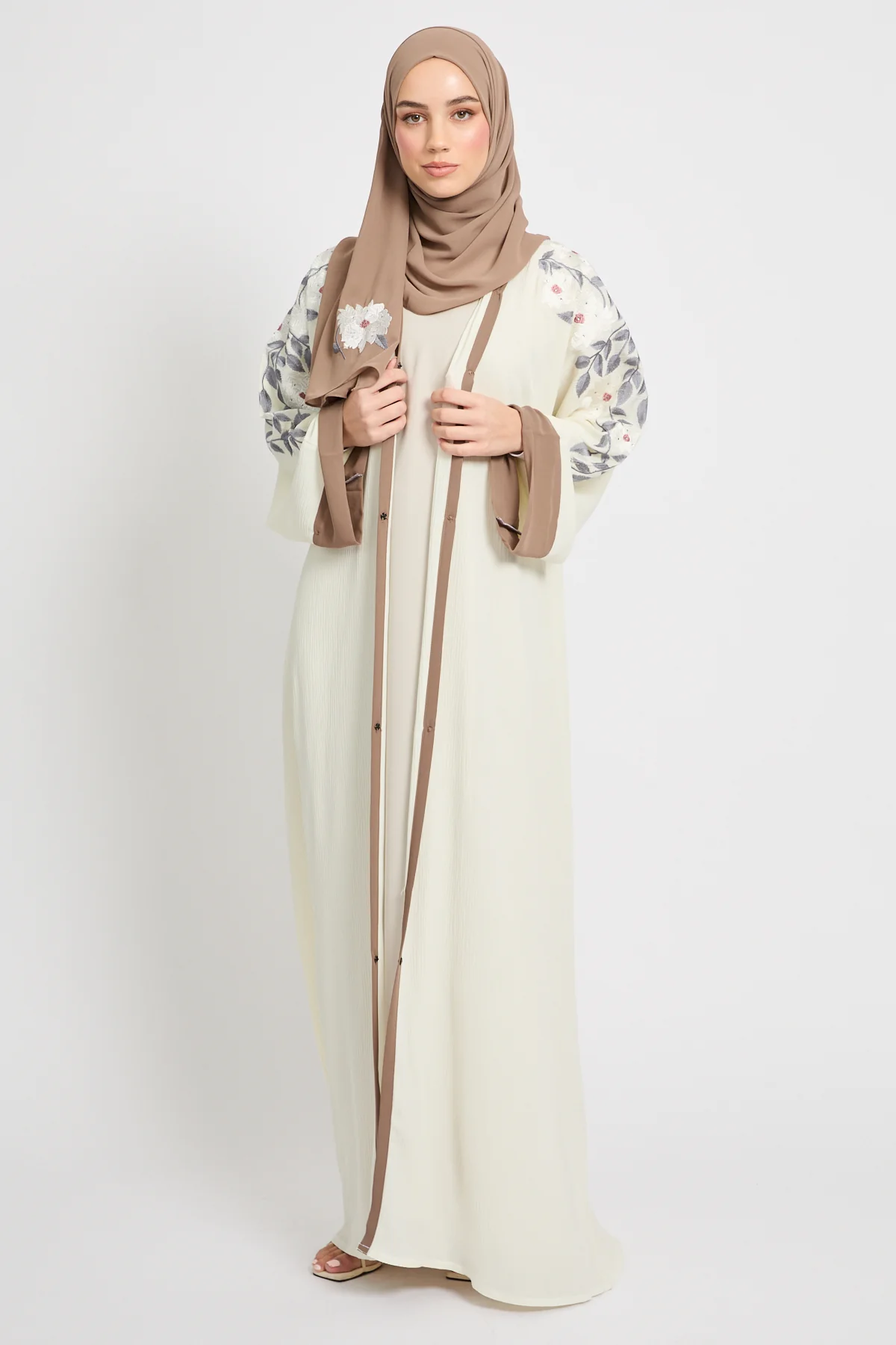 Premium Textured Floral Embroidered Open Abaya  - Ivory White - Image 8