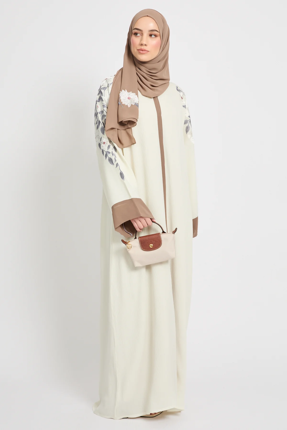Premium Textured Floral Embroidered Open Abaya  - Ivory White - Image 9