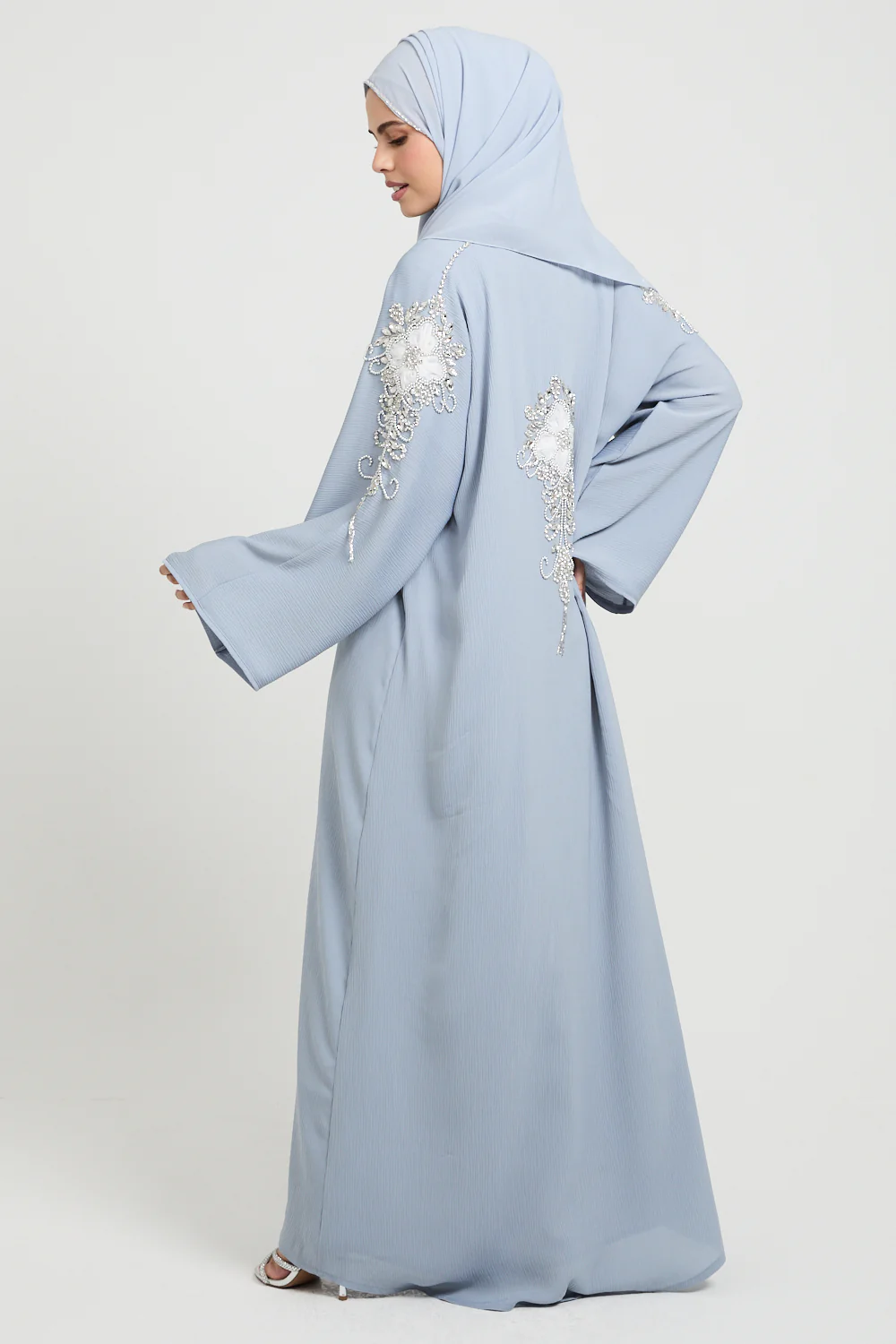 Premium Textured Frosted Bloom Luxe Open Abaya - Dusky Powder Blue