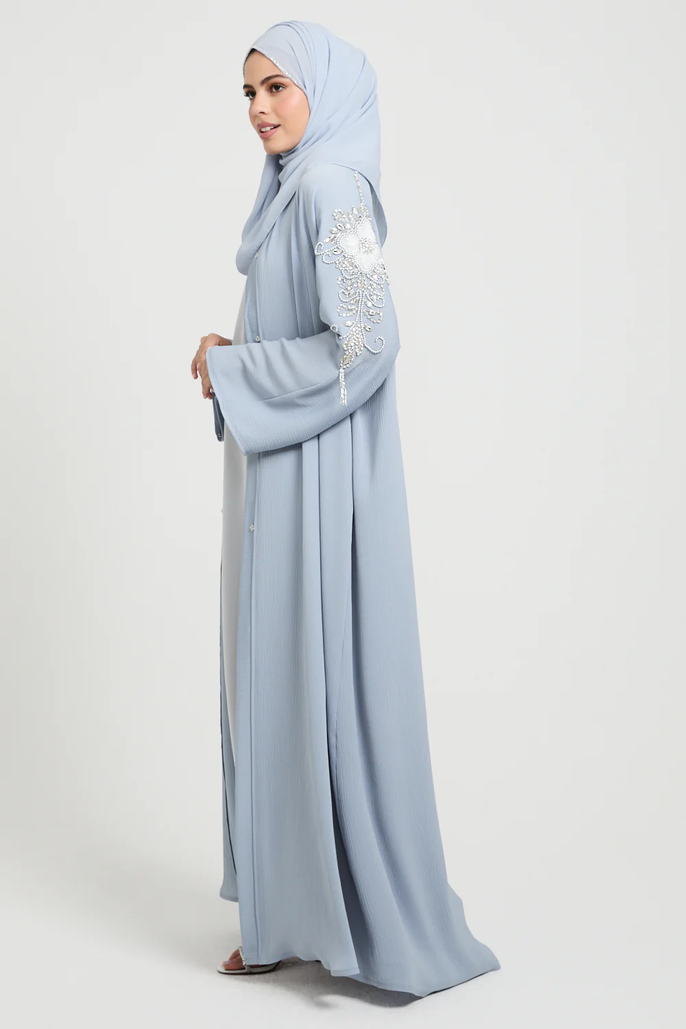 Premium Textured Frosted Bloom Luxe Open Abaya - Dusky Powder Blue - Image 10