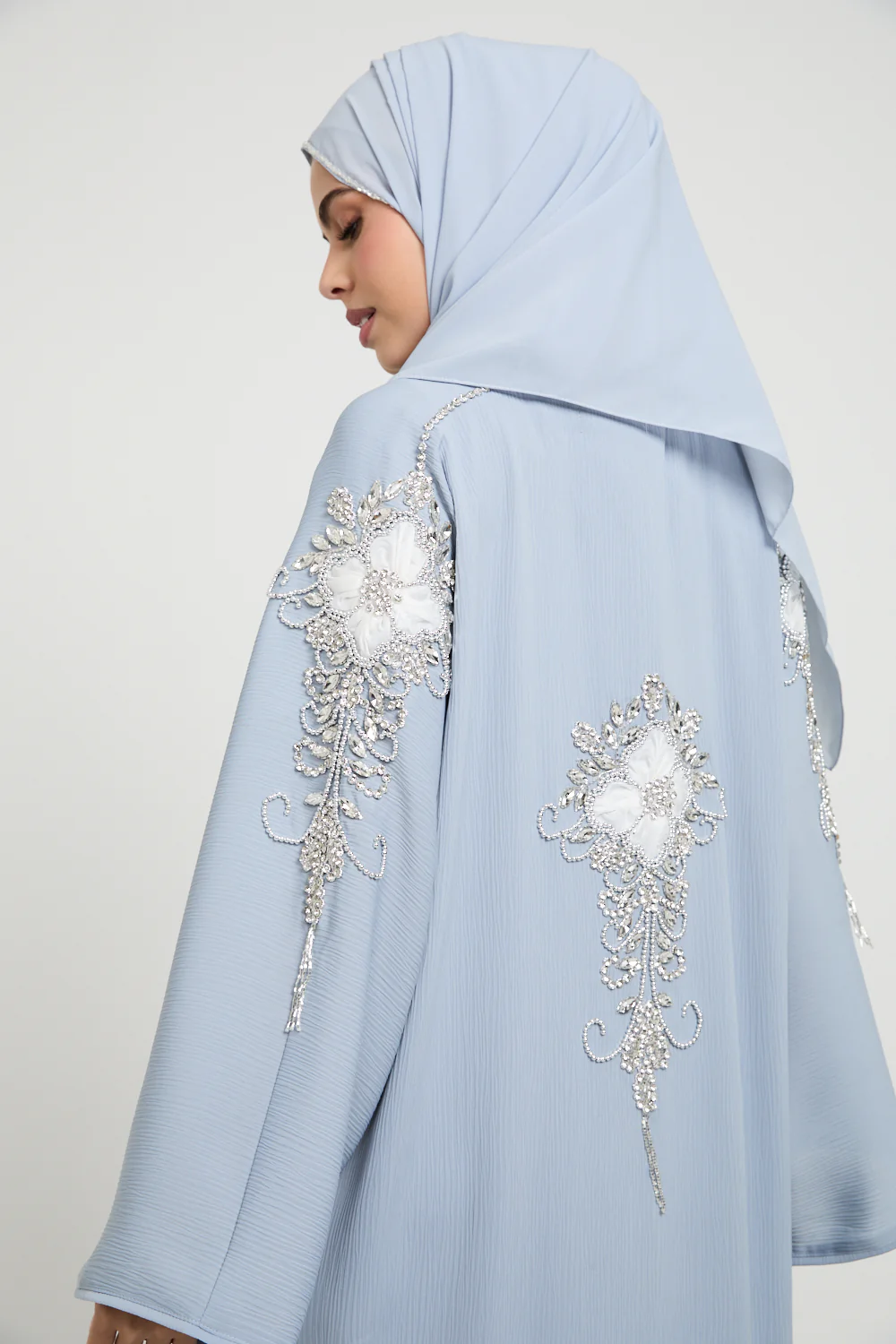 Premium Textured Frosted Bloom Luxe Open Abaya - Dusky Powder Blue - Image 2