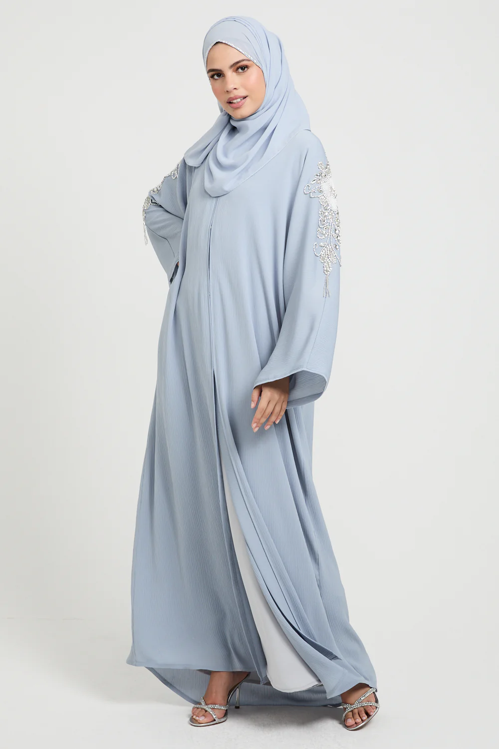 Premium Textured Frosted Bloom Luxe Open Abaya - Dusky Powder Blue - Image 3