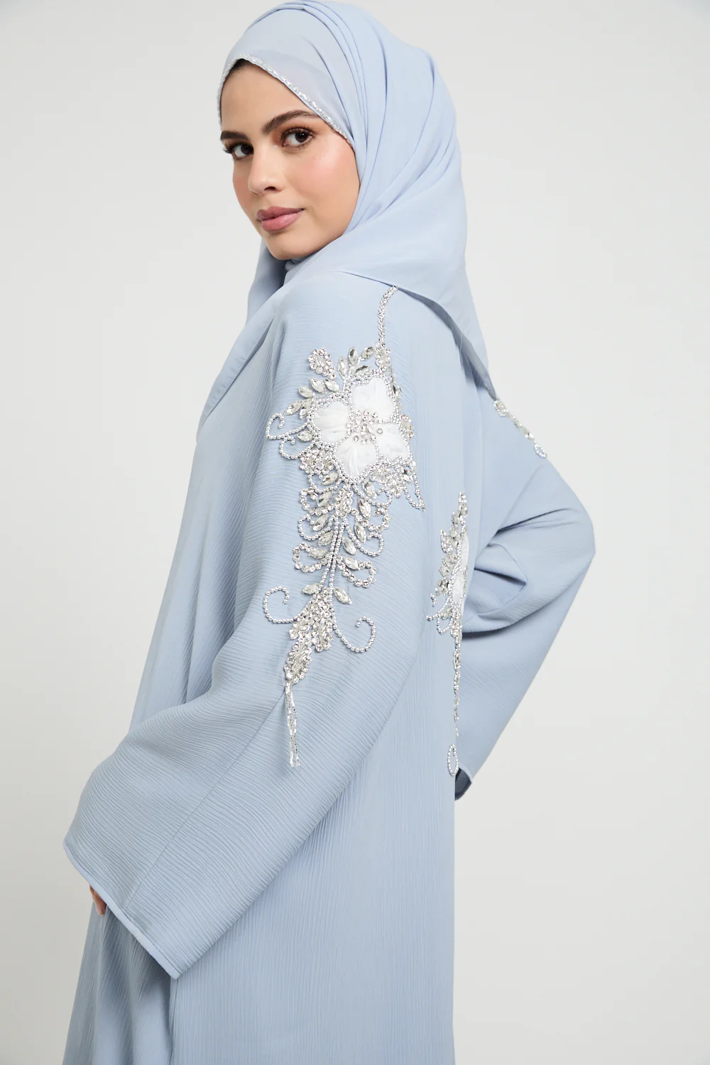 Premium Textured Frosted Bloom Luxe Open Abaya - Dusky Powder Blue - Image 4