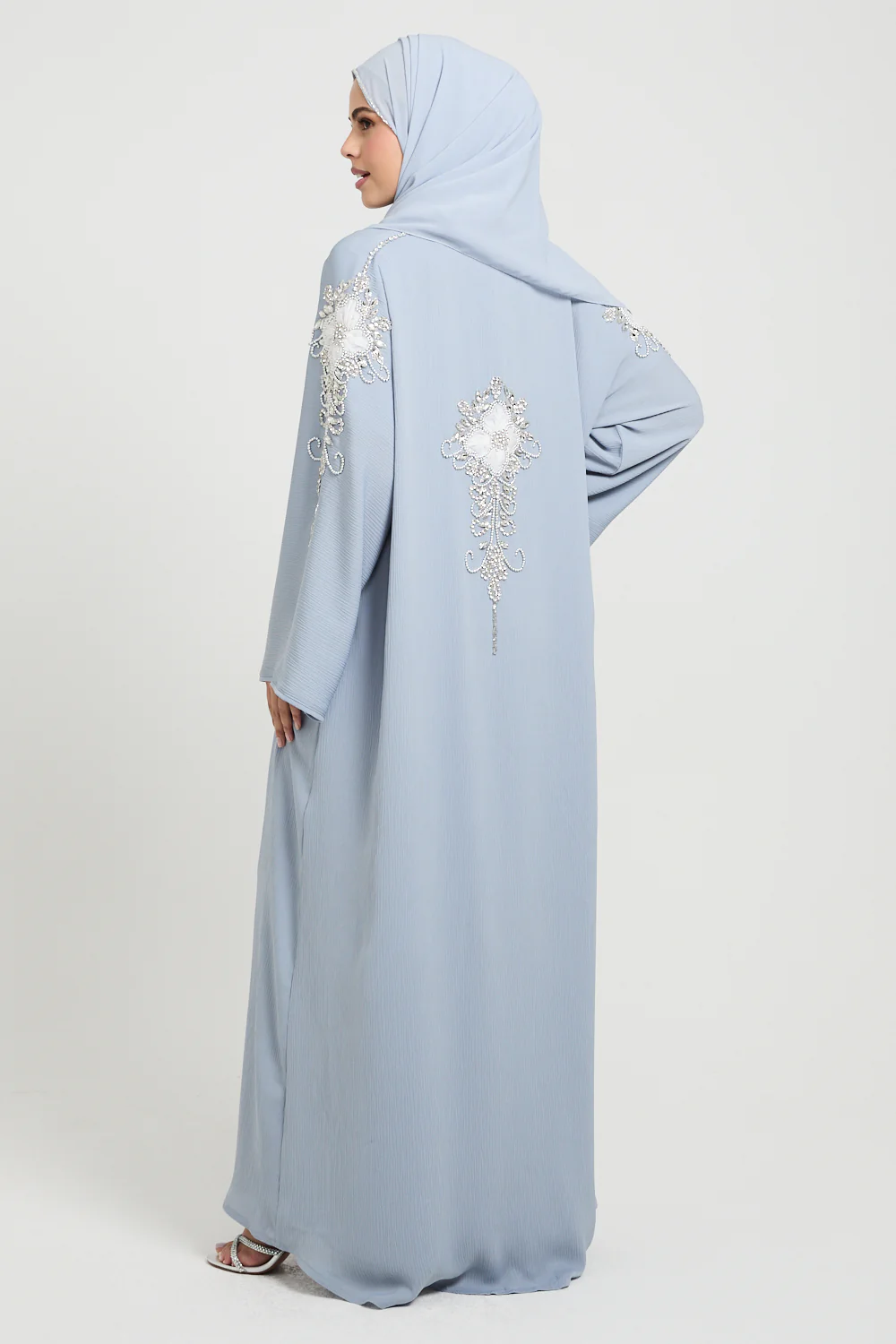 Premium Textured Frosted Bloom Luxe Open Abaya - Dusky Powder Blue - Image 5