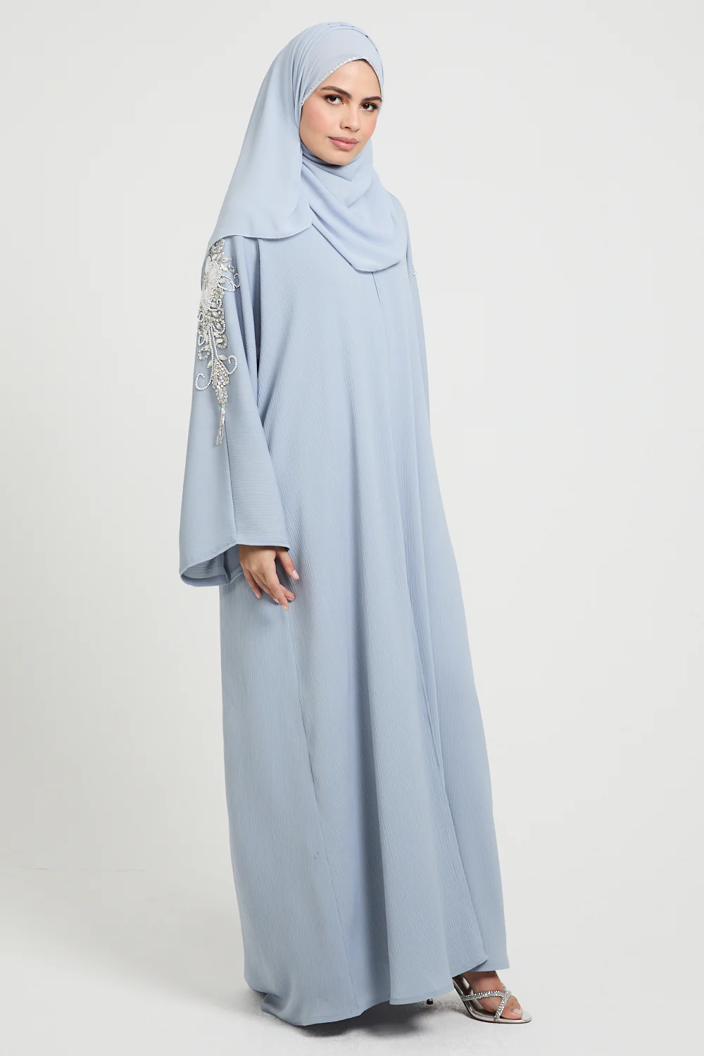 Premium Textured Frosted Bloom Luxe Open Abaya - Dusky Powder Blue - Image 6