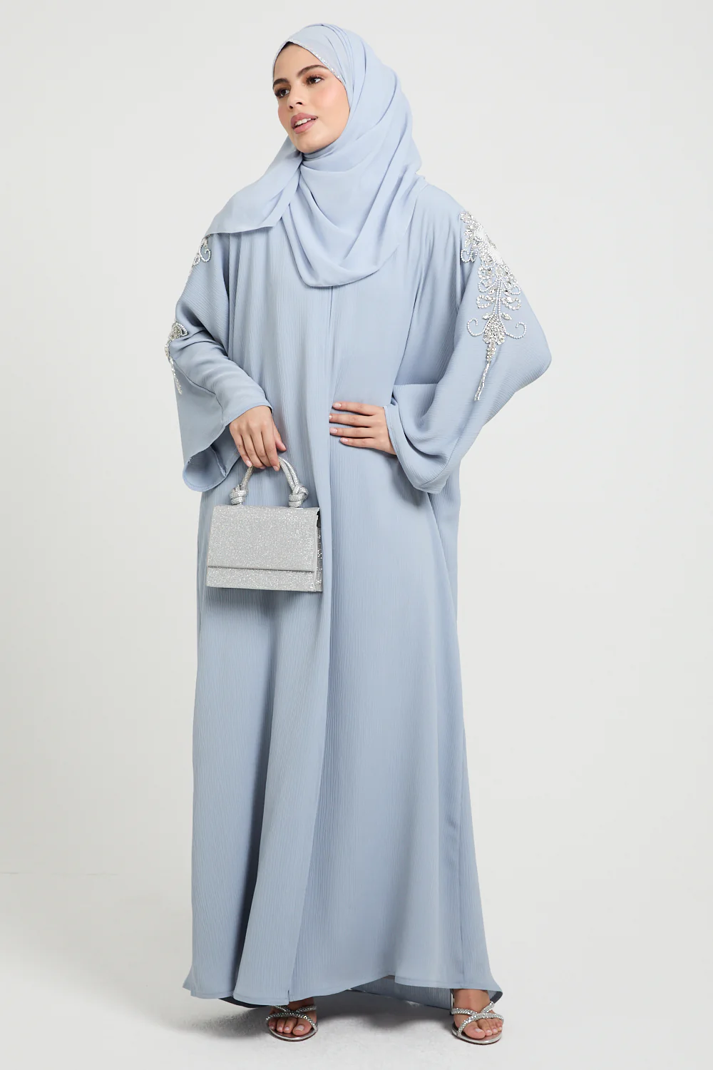 Premium Textured Frosted Bloom Luxe Open Abaya - Dusky Powder Blue - Image 7