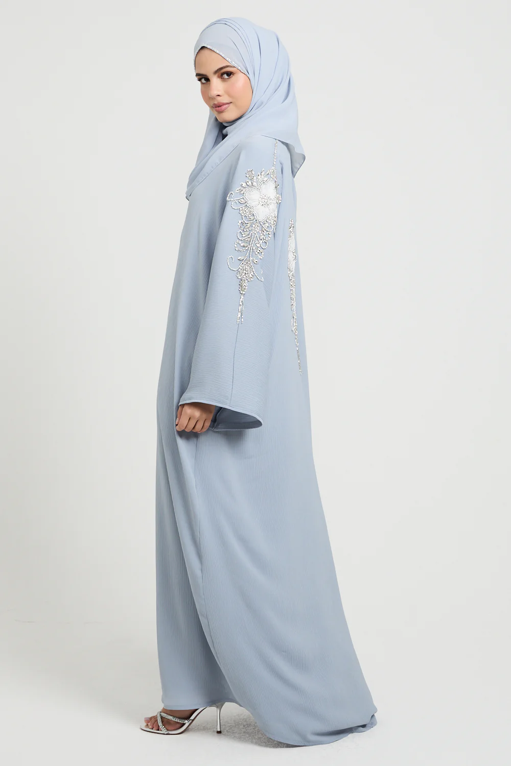 Premium Textured Frosted Bloom Luxe Open Abaya - Dusky Powder Blue - Image 8