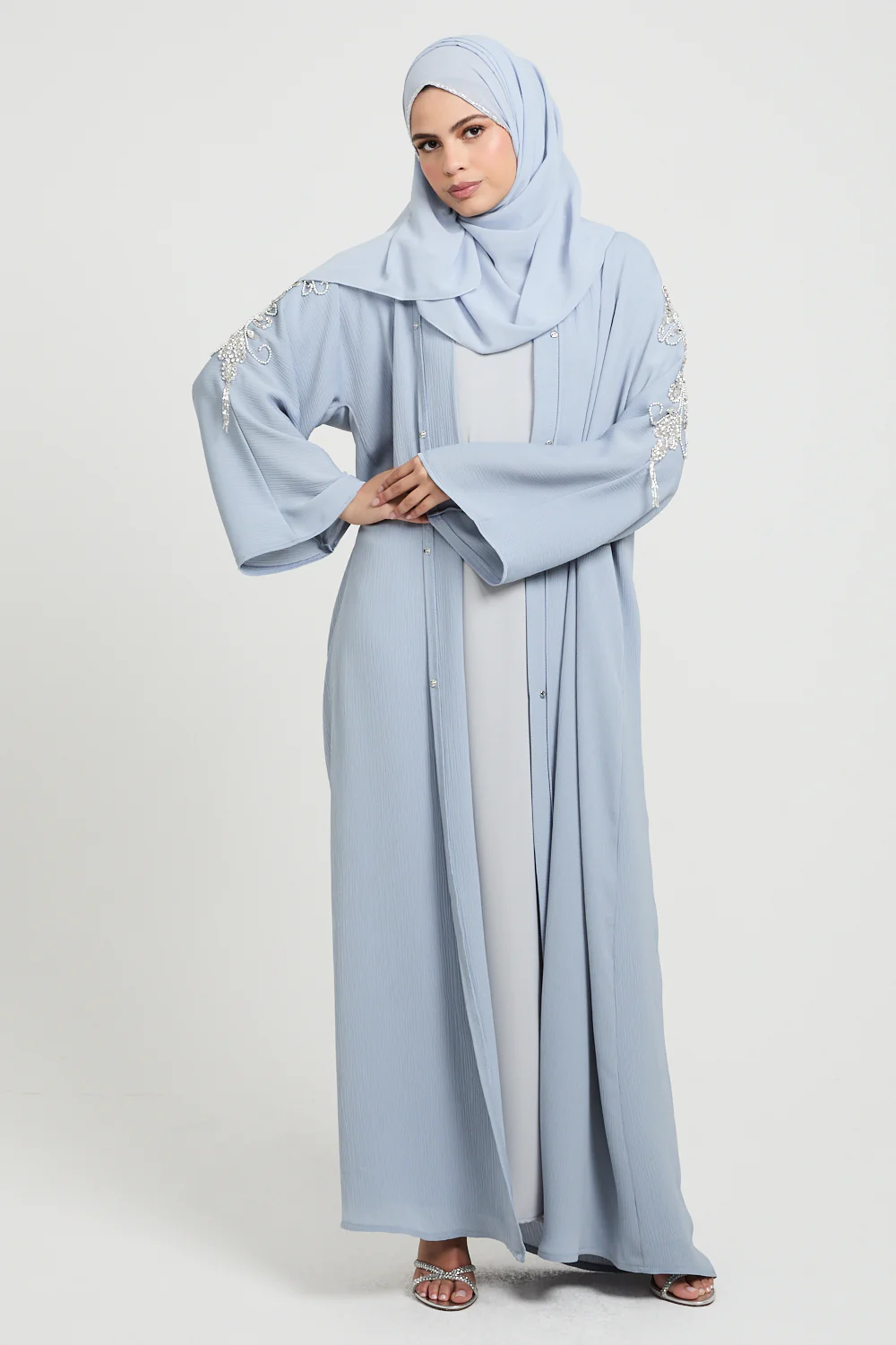 Premium Textured Frosted Bloom Luxe Open Abaya - Dusky Powder Blue - Image 9