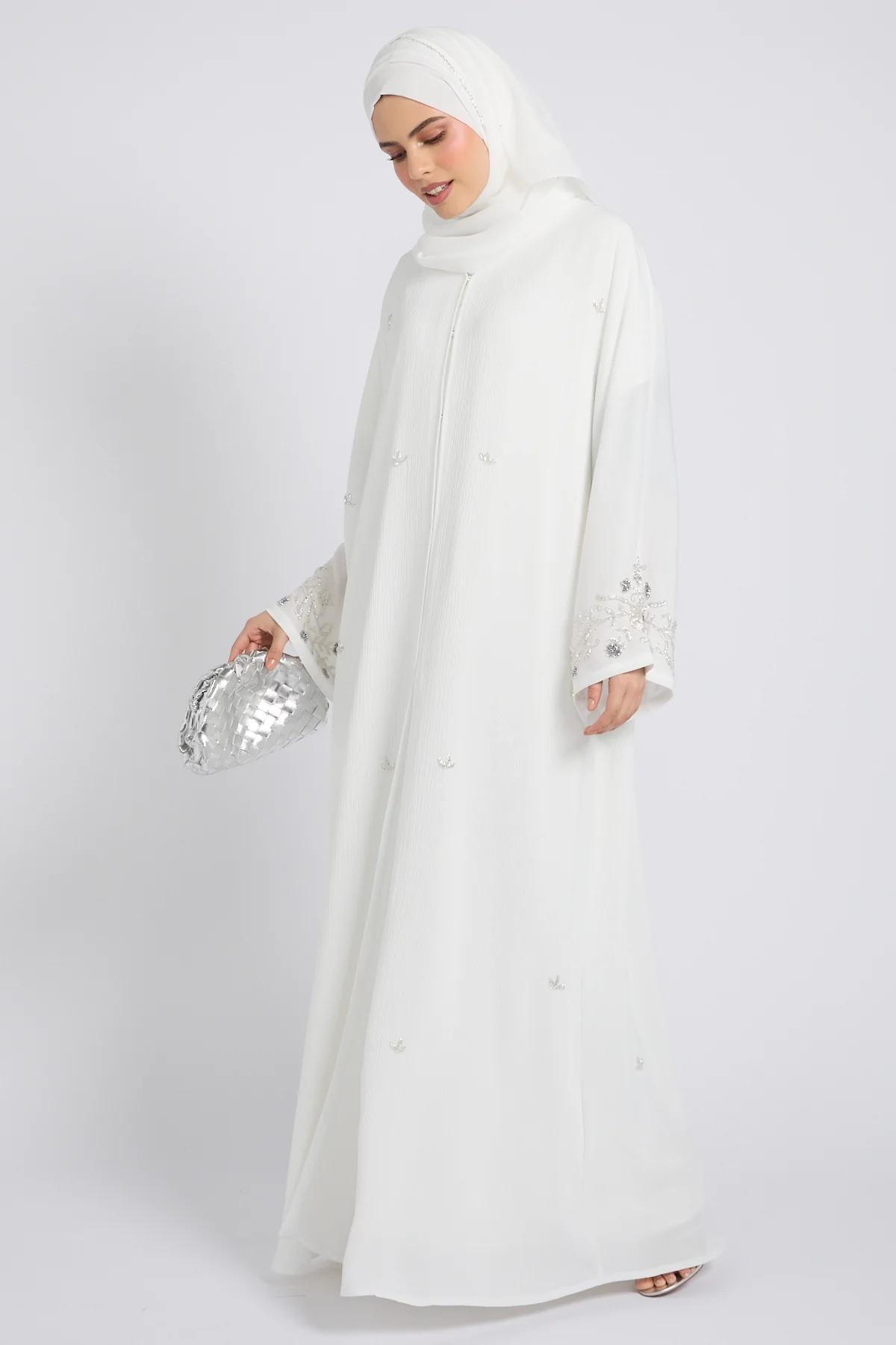 Premium Textured Heavenly Bloom Open Abaya – Snow White