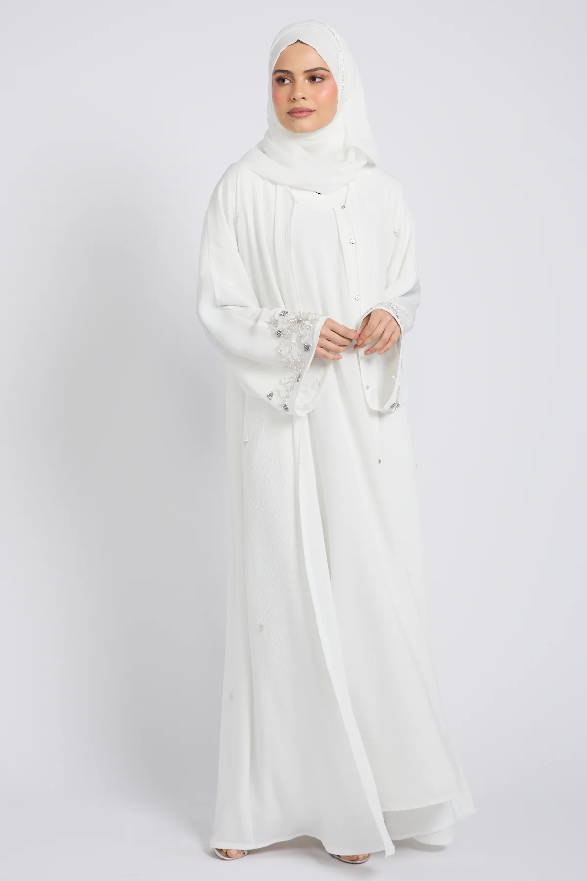 Premium Textured Heavenly Bloom Open Abaya – Snow White - Image 10