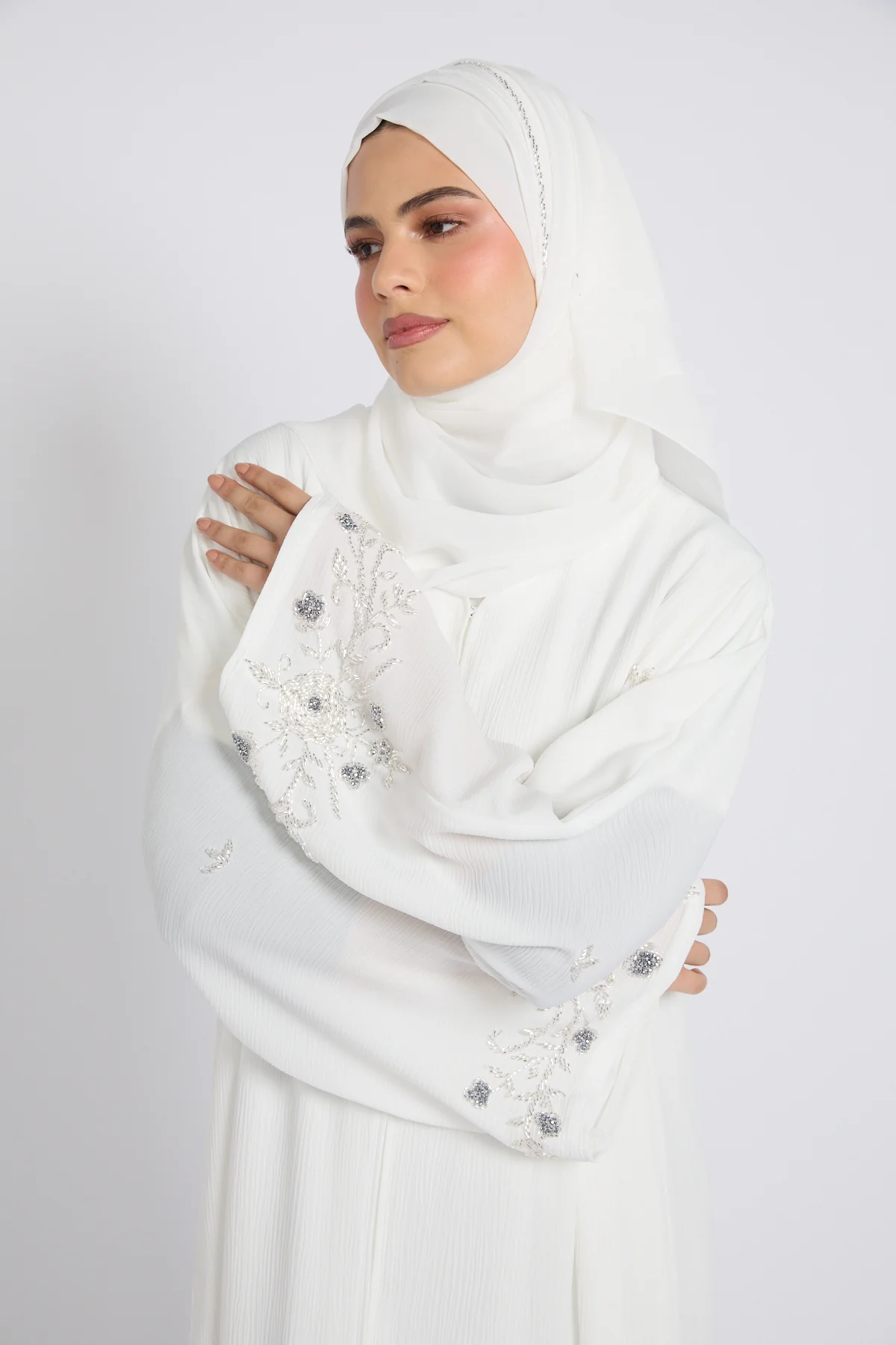 Premium Textured Heavenly Bloom Open Abaya – Snow White - Image 2