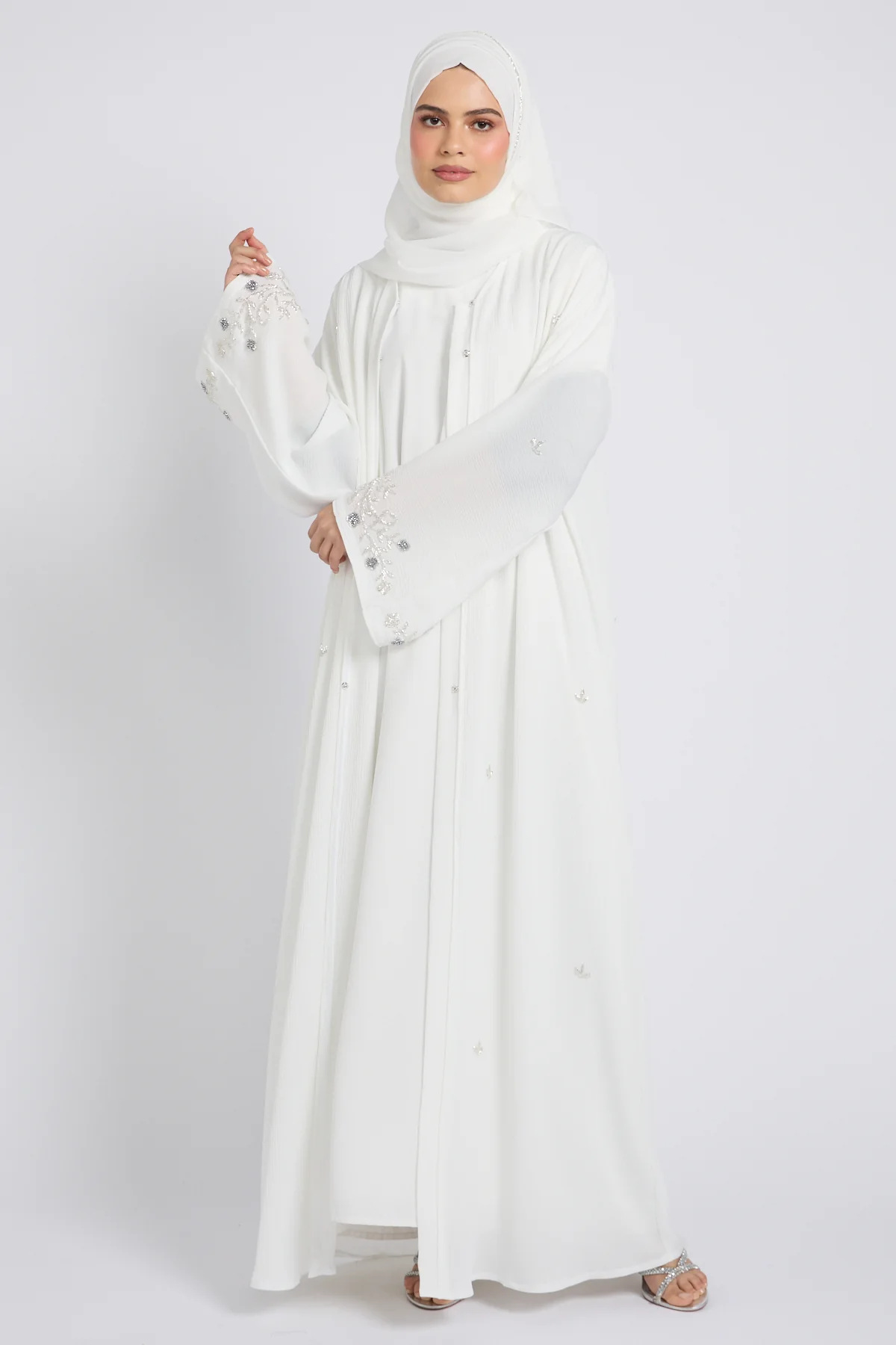 Premium Textured Heavenly Bloom Open Abaya – Snow White - Image 3