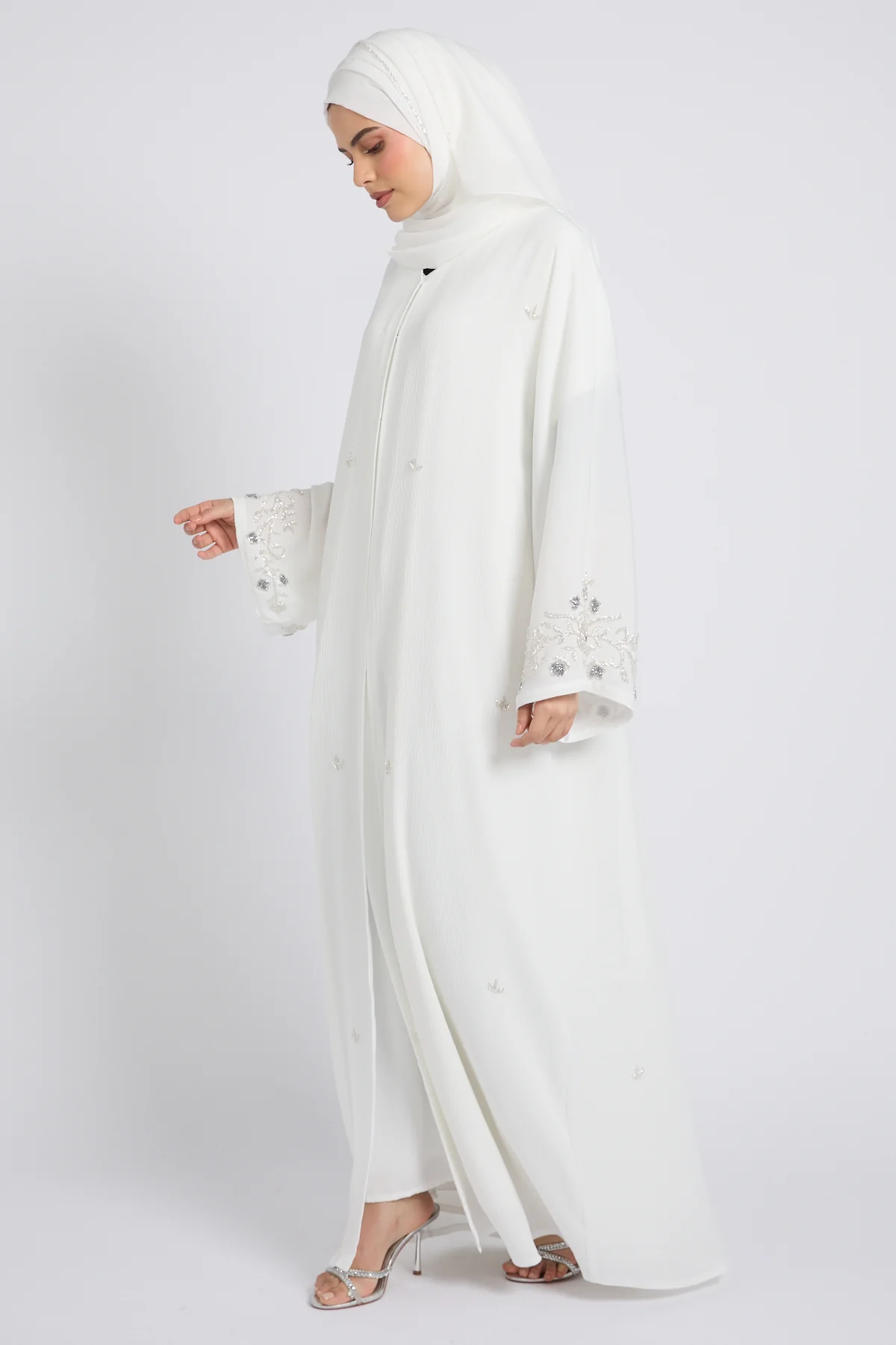 Premium Textured Heavenly Bloom Open Abaya – Snow White - Image 4