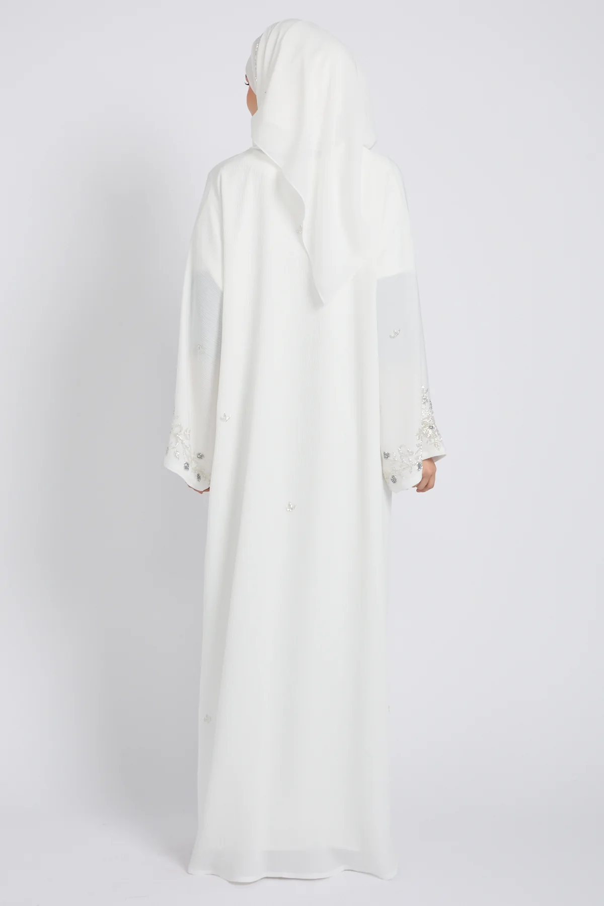 Premium Textured Heavenly Bloom Open Abaya – Snow White - Image 5