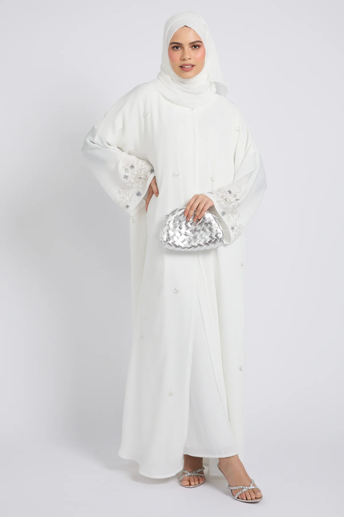 Premium Textured Heavenly Bloom Open Abaya – Snow White - Image 6