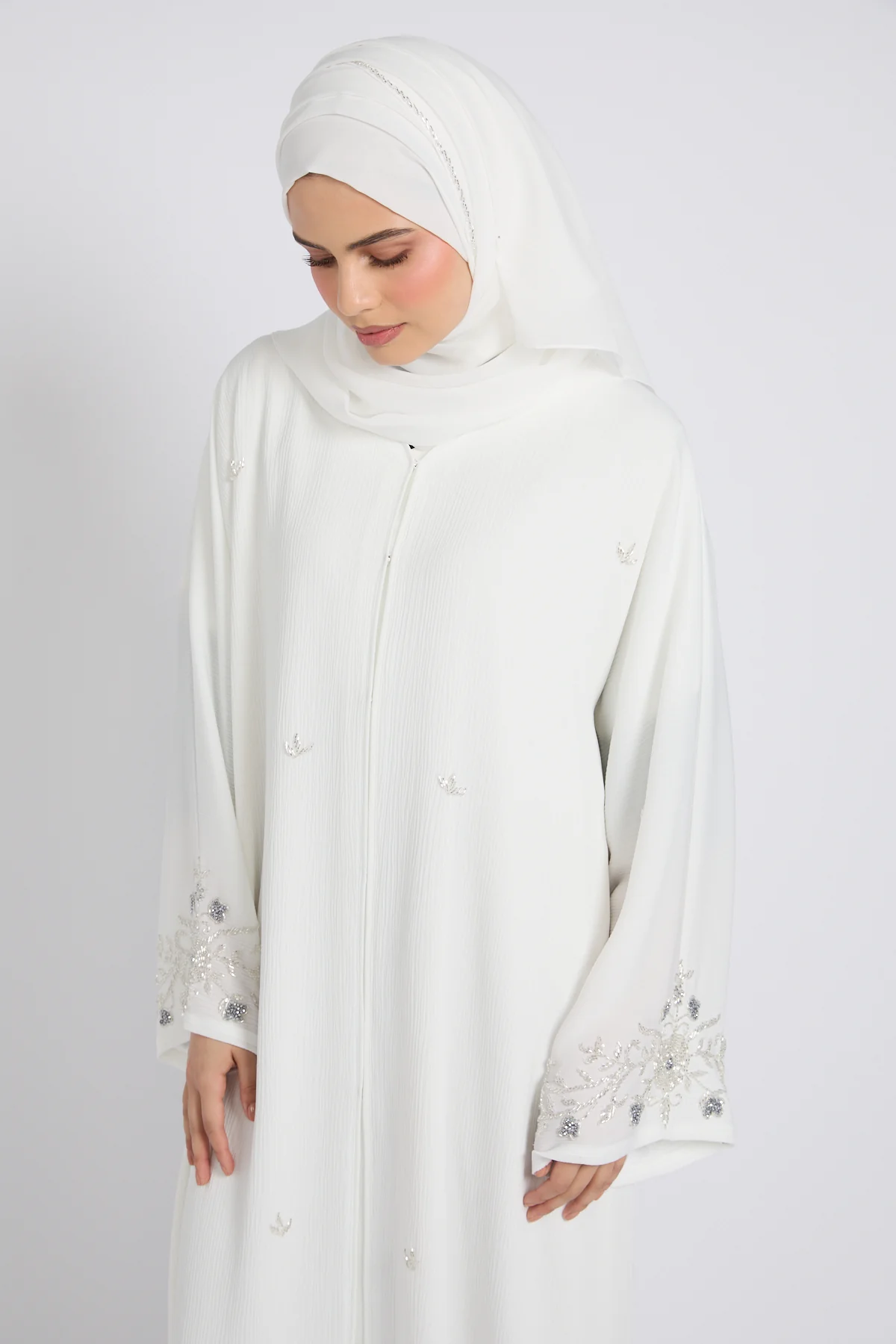 Premium Textured Heavenly Bloom Open Abaya – Snow White - Image 7