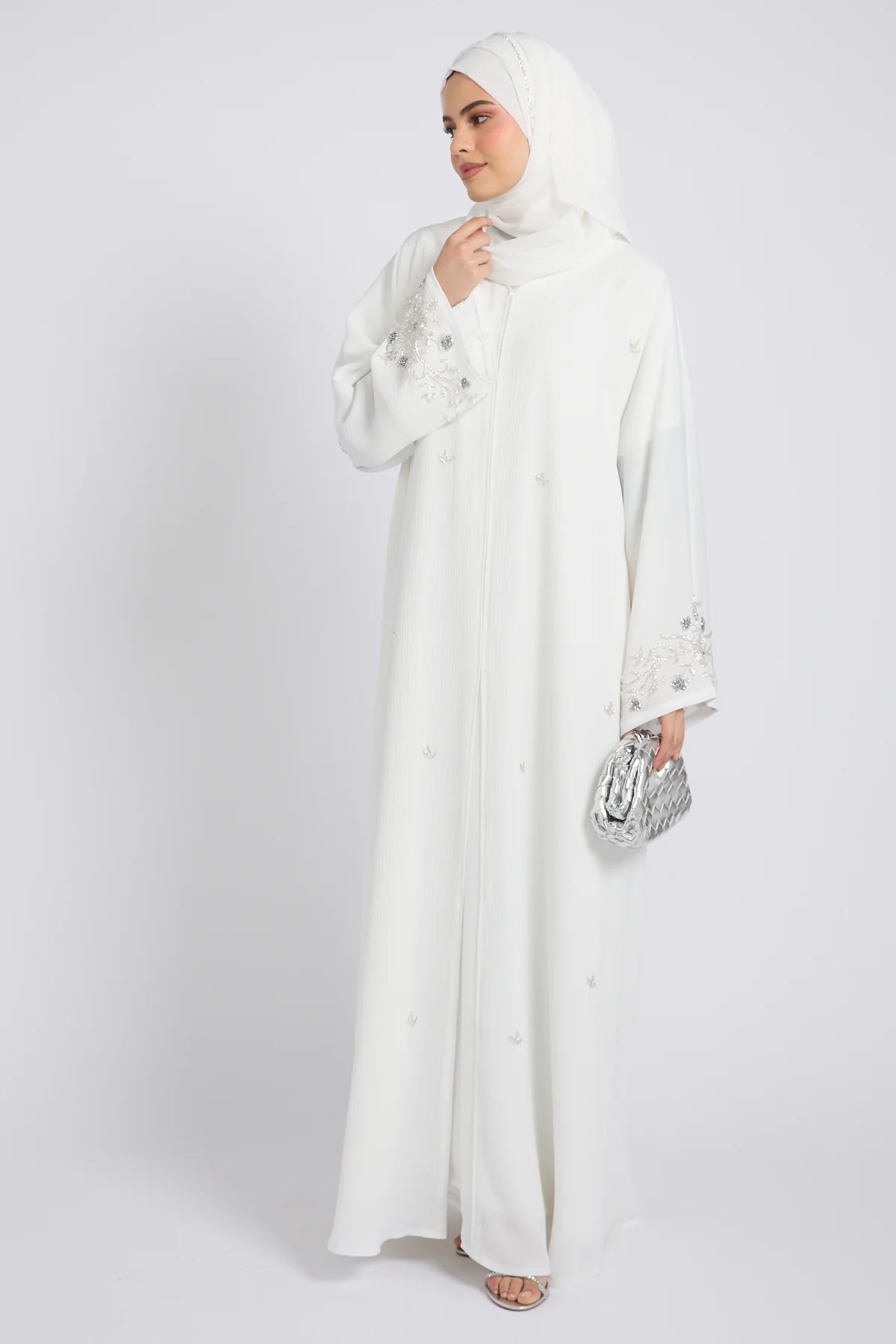 Premium Textured Heavenly Bloom Open Abaya – Snow White - Image 8