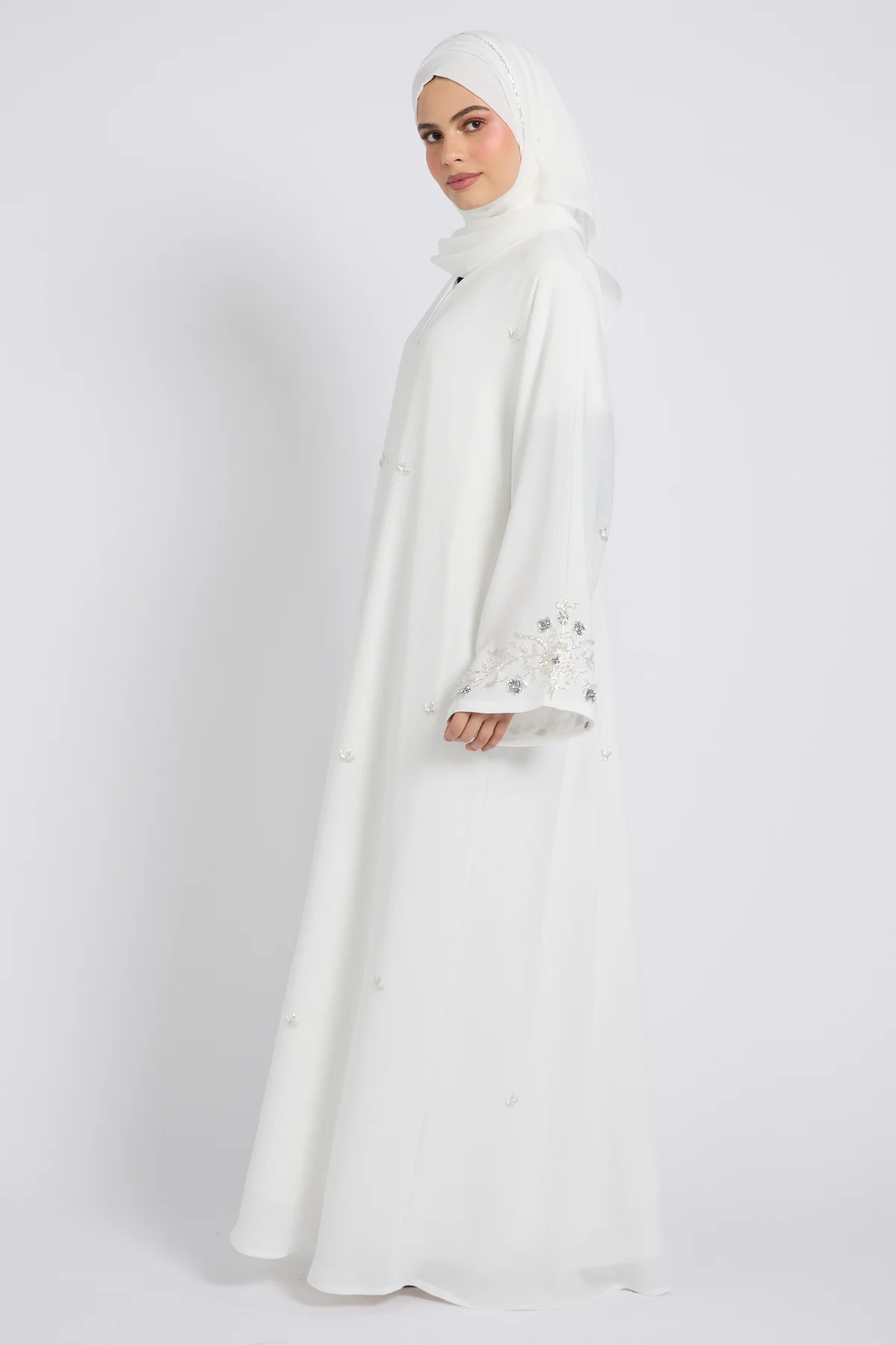 Premium Textured Heavenly Bloom Open Abaya – Snow White - Image 9