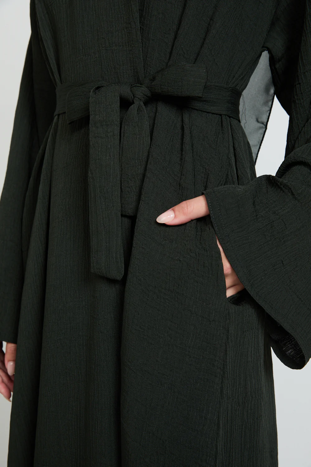 Premium Textured Linen Blend Closed Abaya with Pockets - Deep Forest Green - Image 4