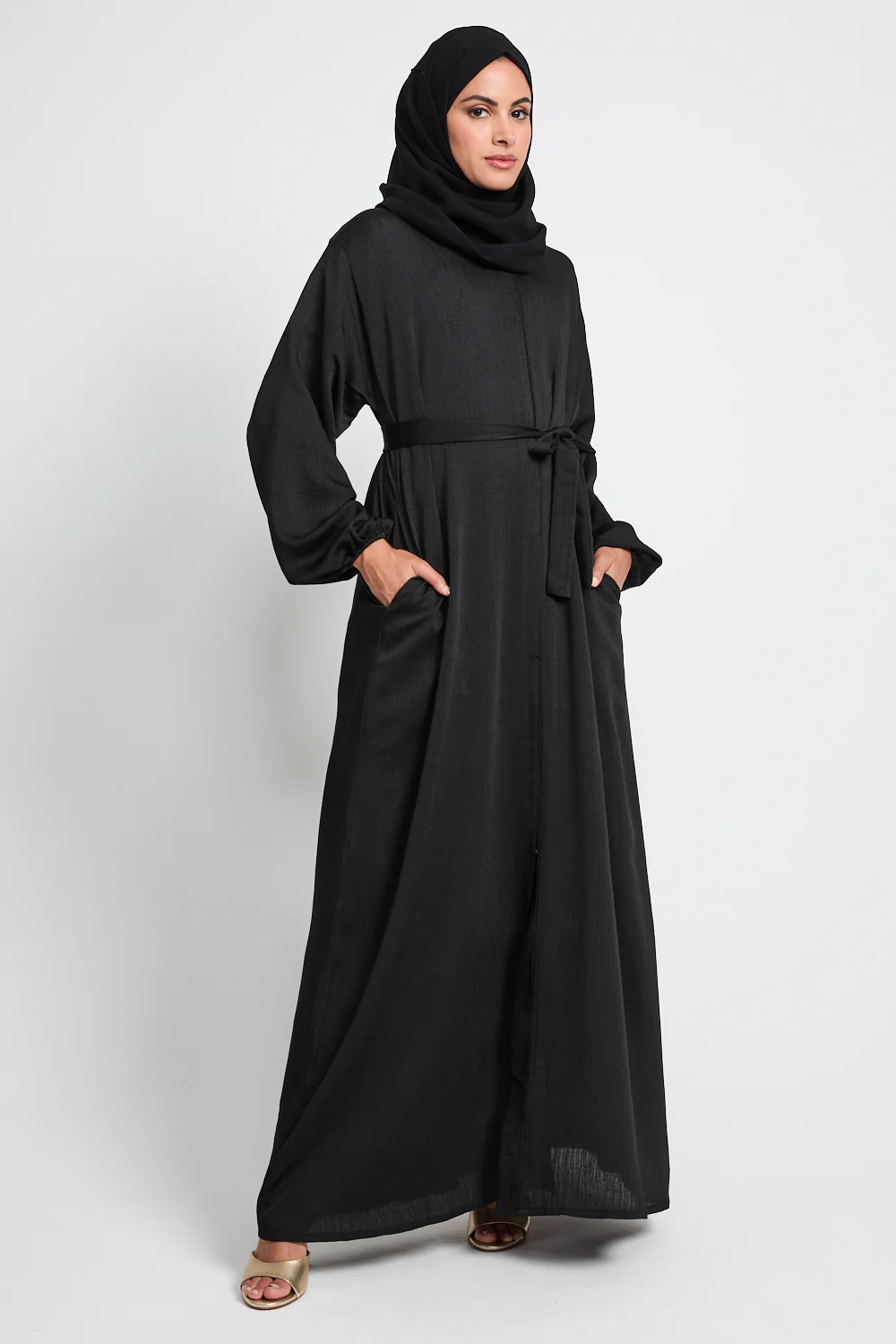 Premium Textured Linen Blend Open Abaya with Pockets - Black