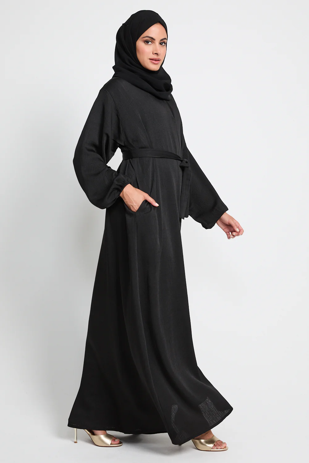 Premium Textured Linen Blend Open Abaya with Pockets - Black - Image 10