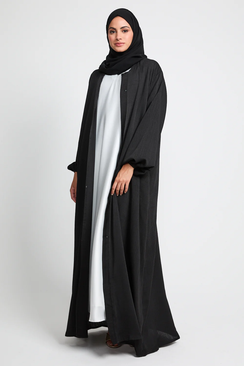 Premium Textured Linen Blend Open Abaya with Pockets - Black - Image 3