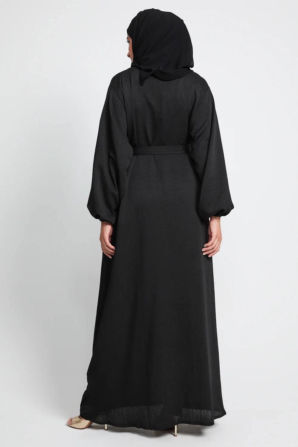 Premium Textured Linen Blend Open Abaya with Pockets - Black - Image 4