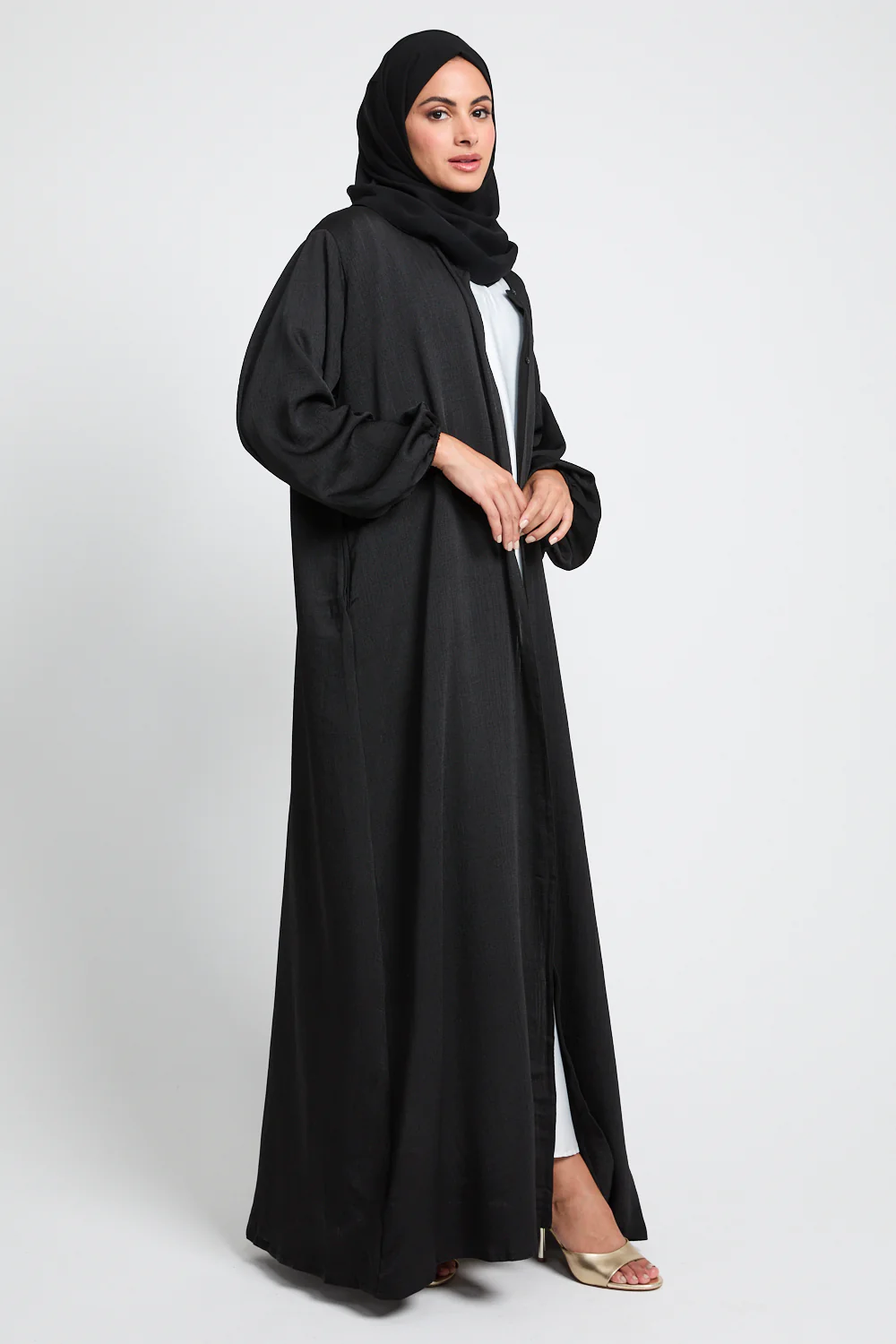 Premium Textured Linen Blend Open Abaya with Pockets - Black - Image 5