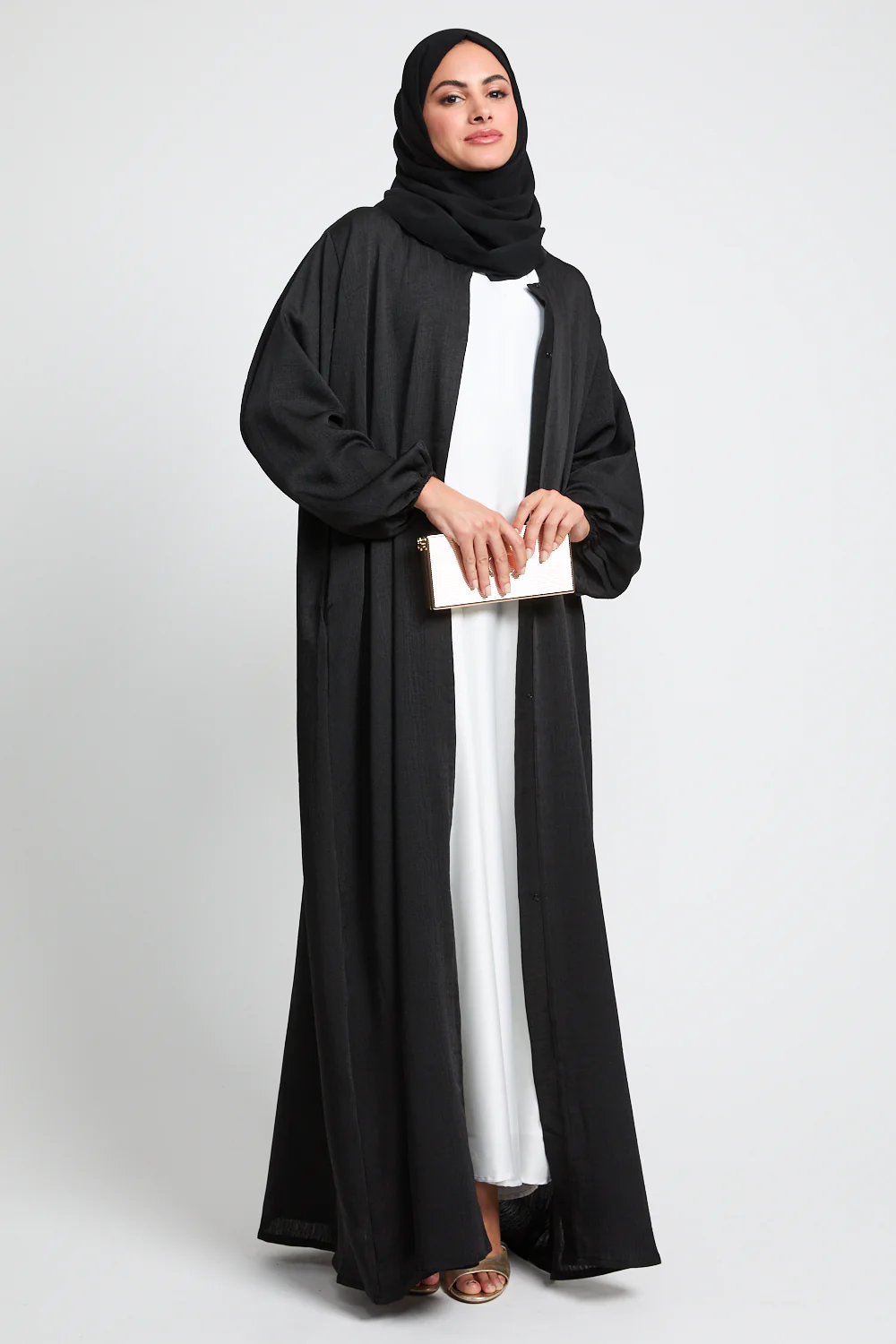 Premium Textured Linen Blend Open Abaya with Pockets - Black - Image 7