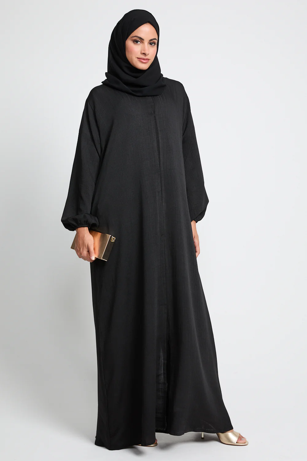 Premium Textured Linen Blend Open Abaya with Pockets - Black - Image 8