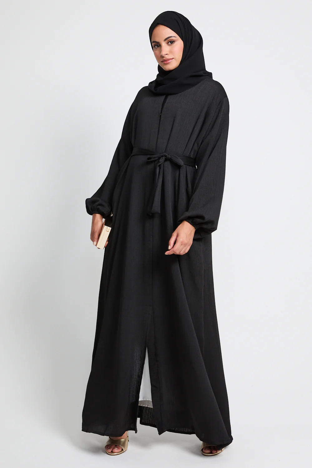 Premium Textured Linen Blend Open Abaya with Pockets - Black - Image 9