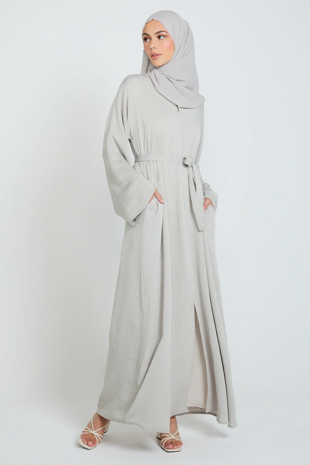 Premium Textured Linen Blend Open Abaya with Pockets - Moonstone Mist