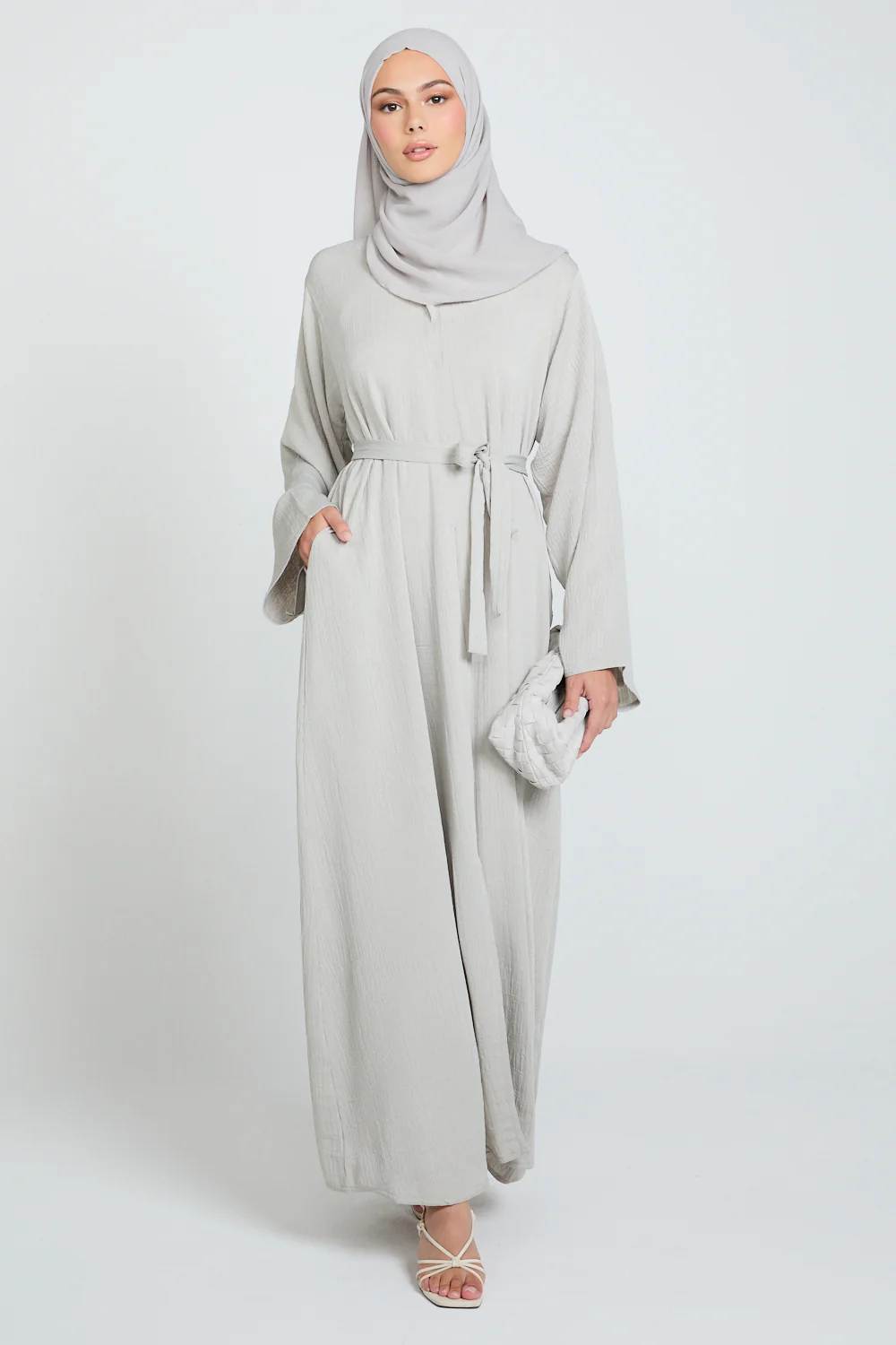 Premium Textured Linen Blend Open Abaya with Pockets - Moonstone Mist - Image 10