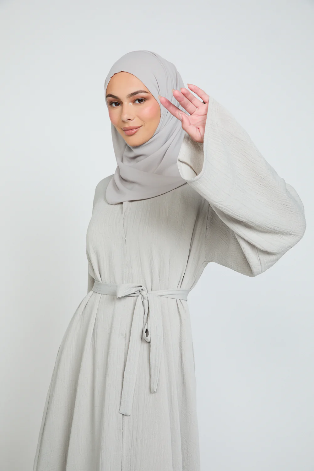 Premium Textured Linen Blend Open Abaya with Pockets - Moonstone Mist - Image 2