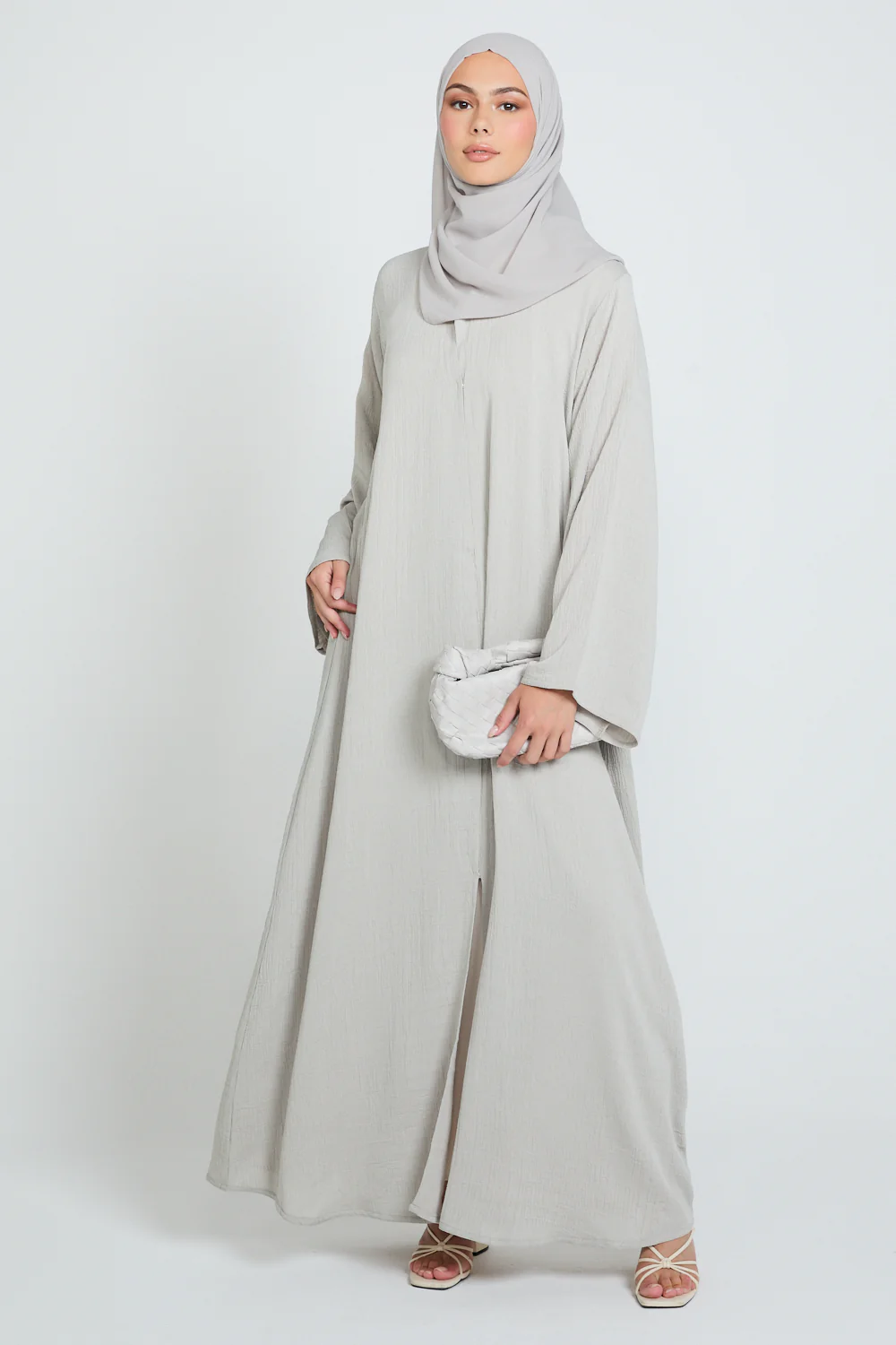 Premium Textured Linen Blend Open Abaya with Pockets - Moonstone Mist - Image 3
