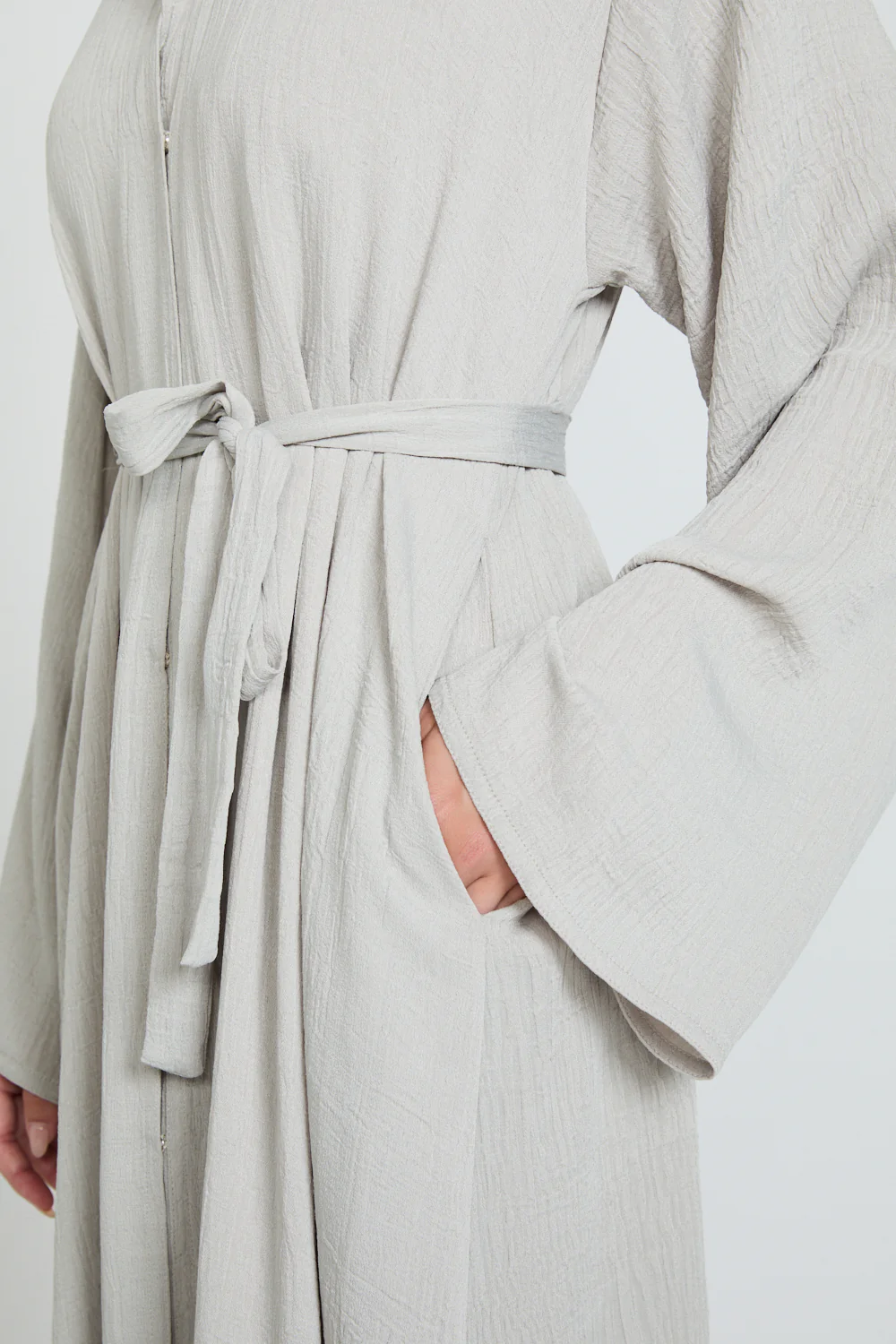 Premium Textured Linen Blend Open Abaya with Pockets - Moonstone Mist - Image 4