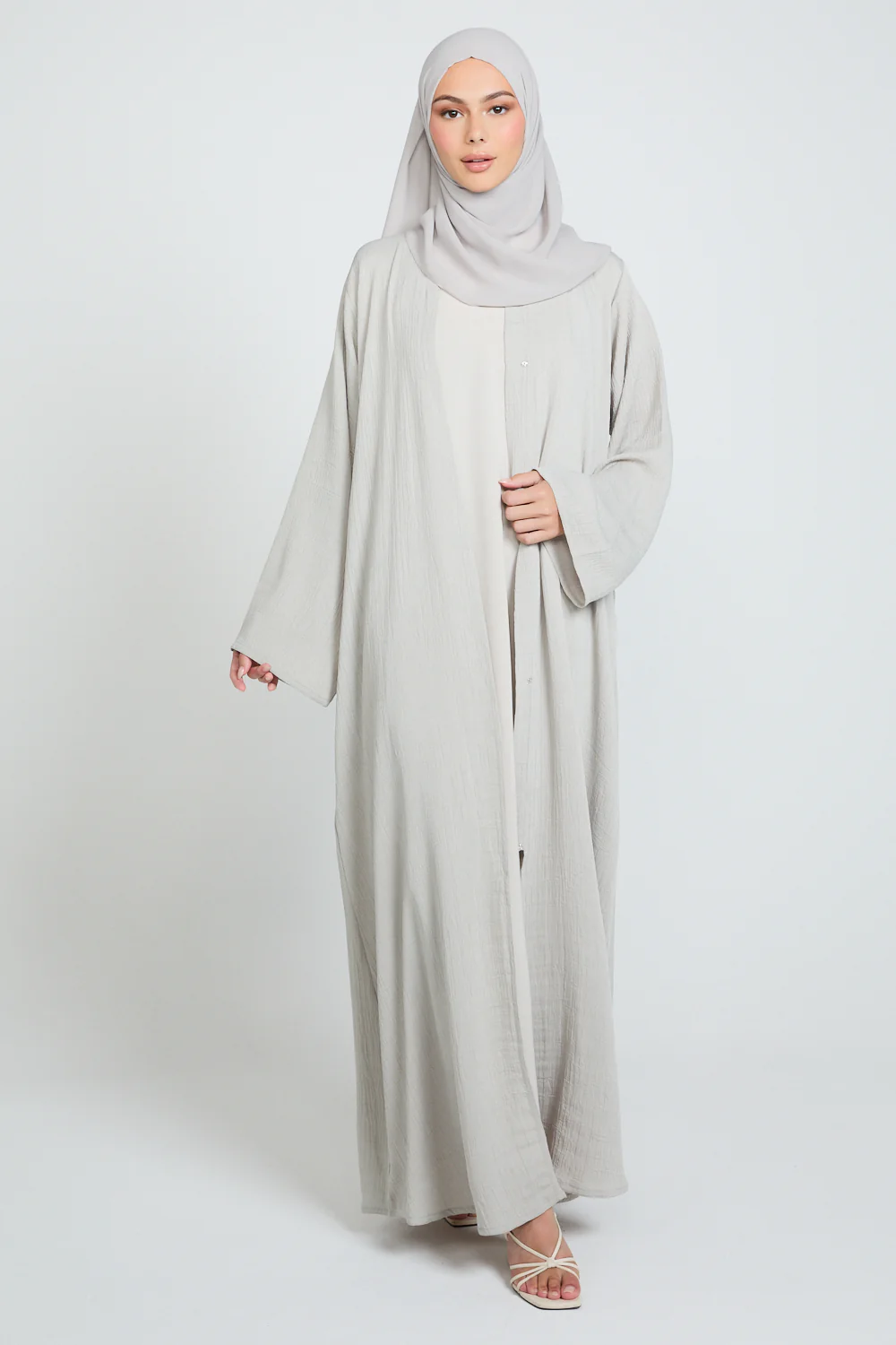 Premium Textured Linen Blend Open Abaya with Pockets - Moonstone Mist - Image 5