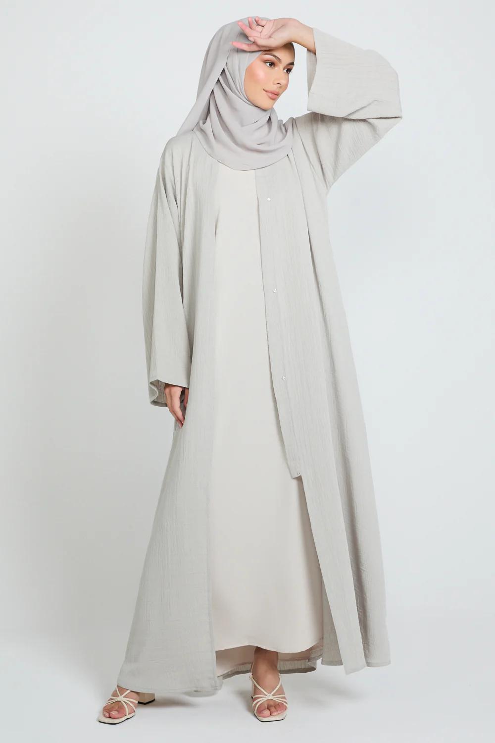Premium Textured Linen Blend Open Abaya with Pockets - Moonstone Mist - Image 6
