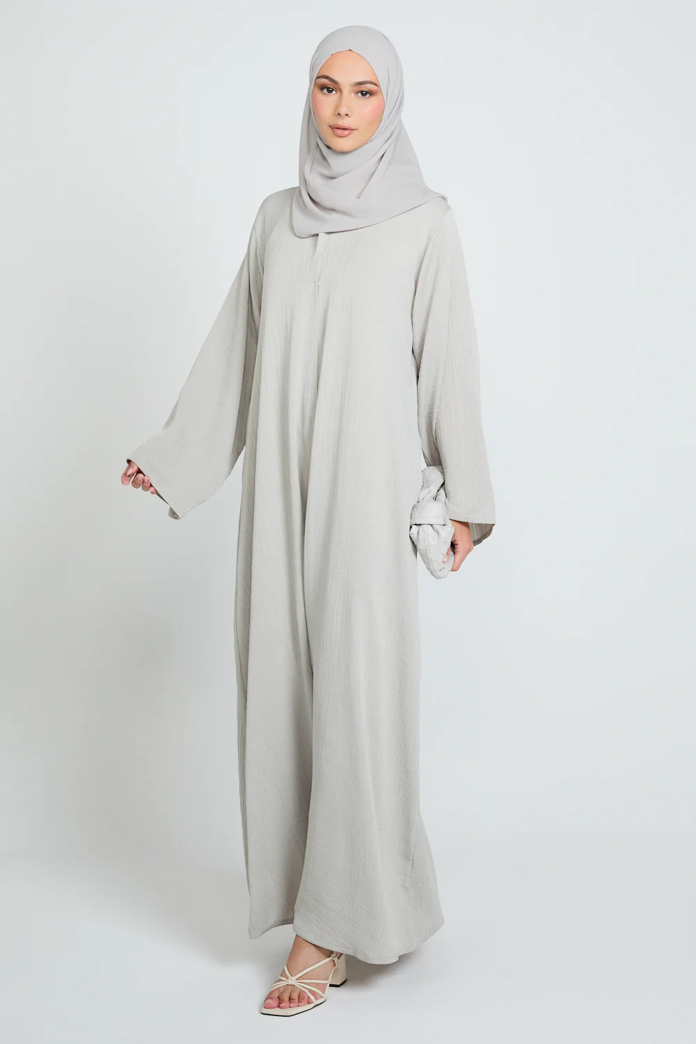 Premium Textured Linen Blend Open Abaya with Pockets - Moonstone Mist - Image 7