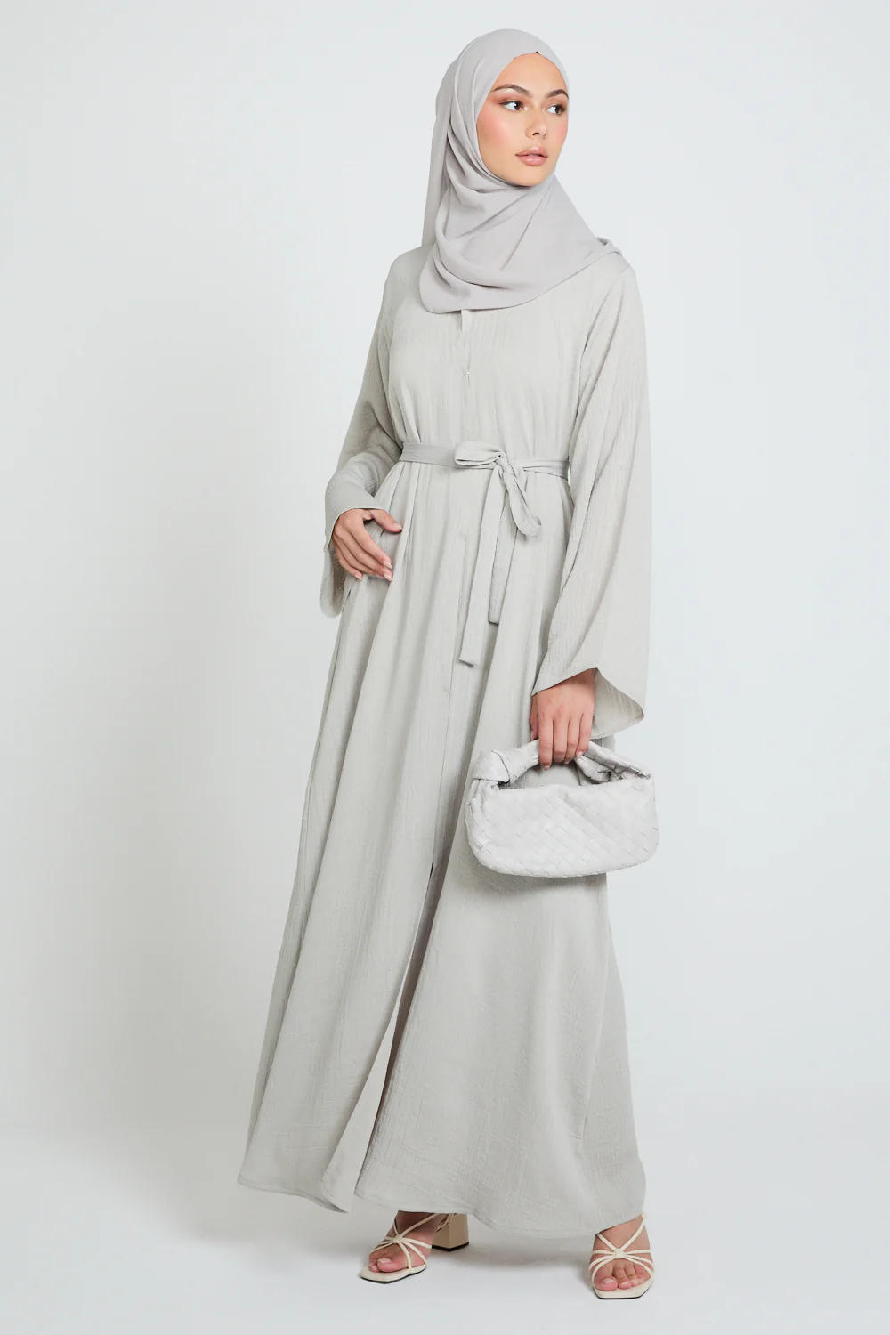 Premium Textured Linen Blend Open Abaya with Pockets - Moonstone Mist - Image 8