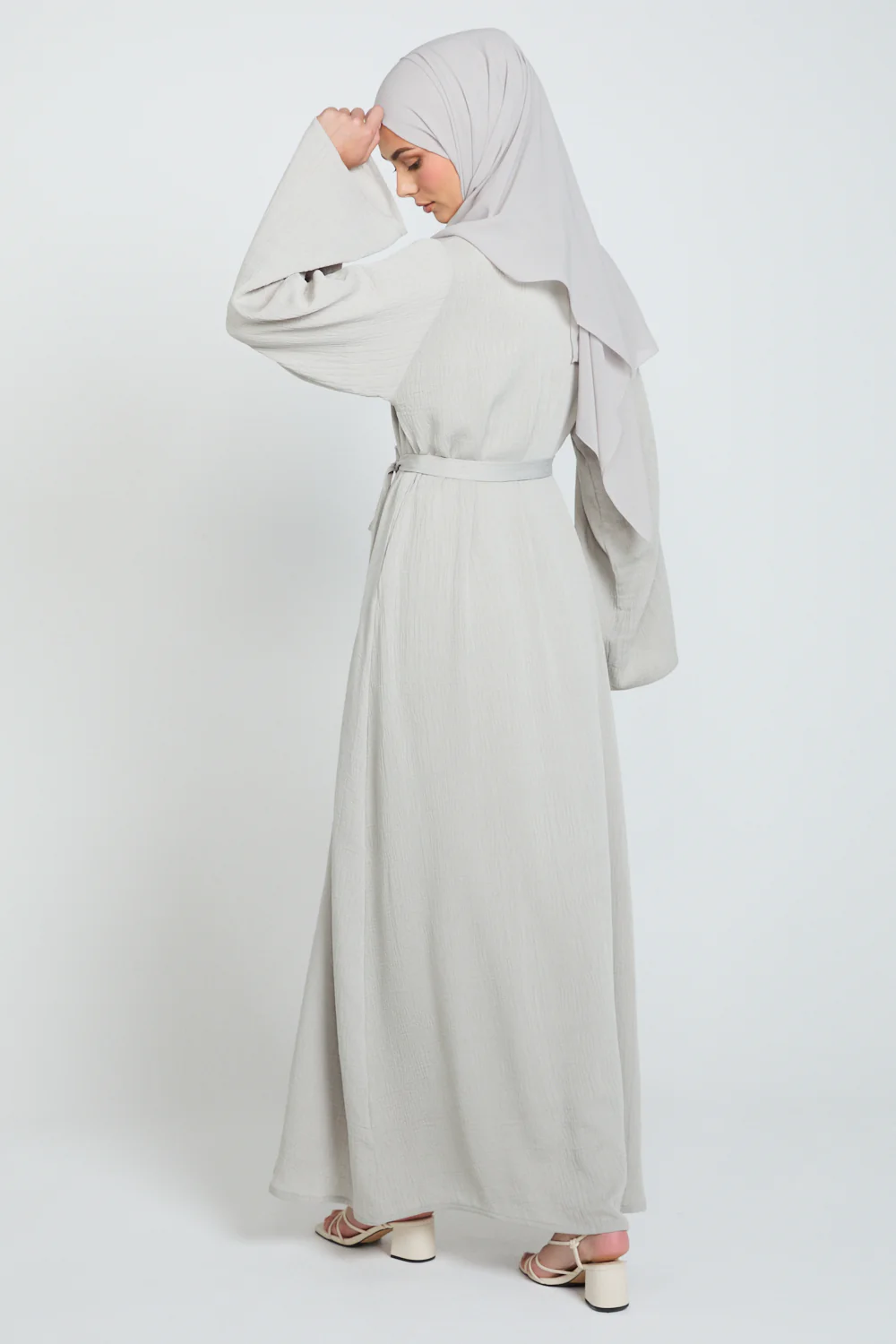 Premium Textured Linen Blend Open Abaya with Pockets - Moonstone Mist - Image 9