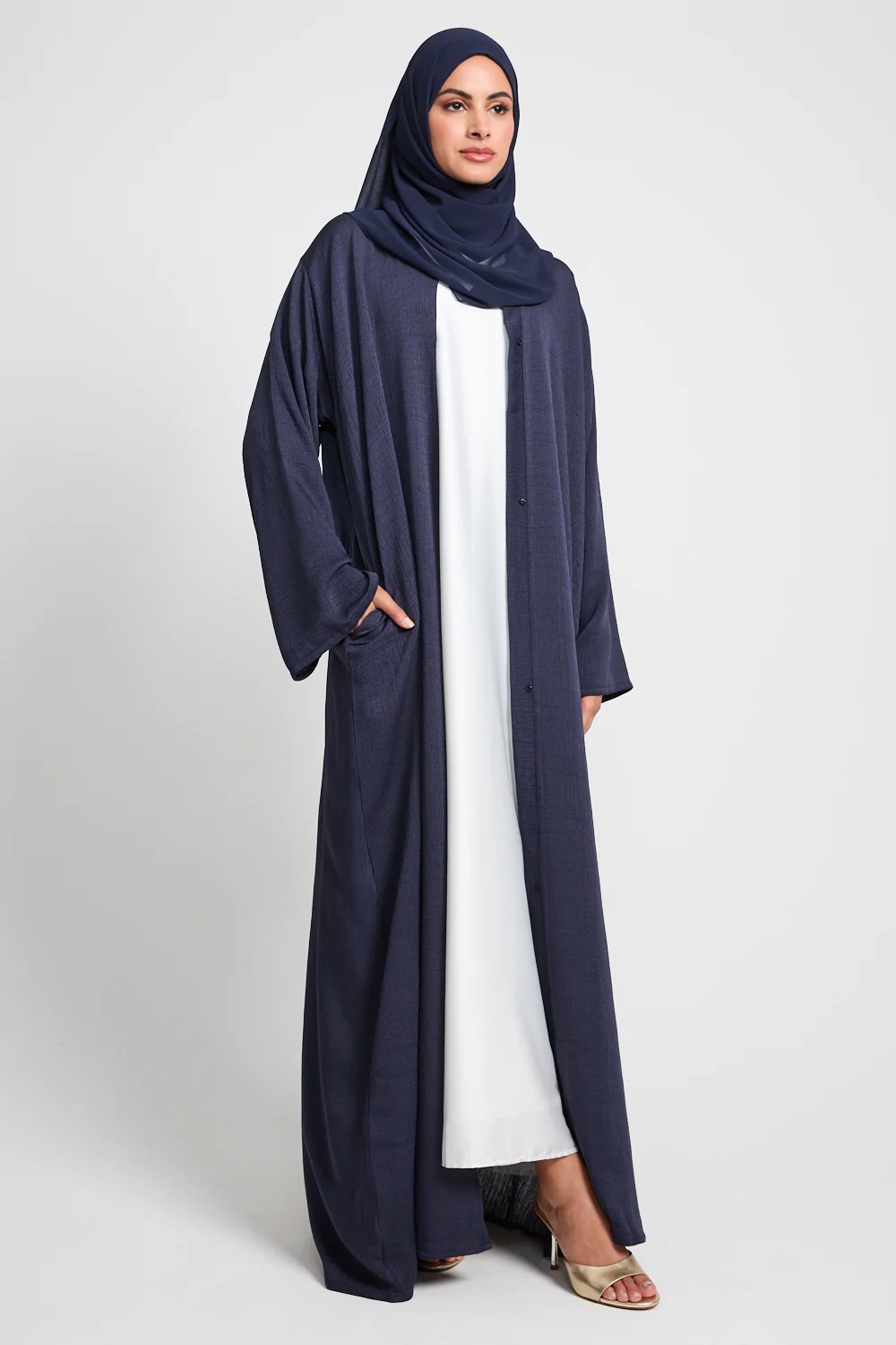 Premium Textured Linen Blend Open Abaya with Pockets - Navy