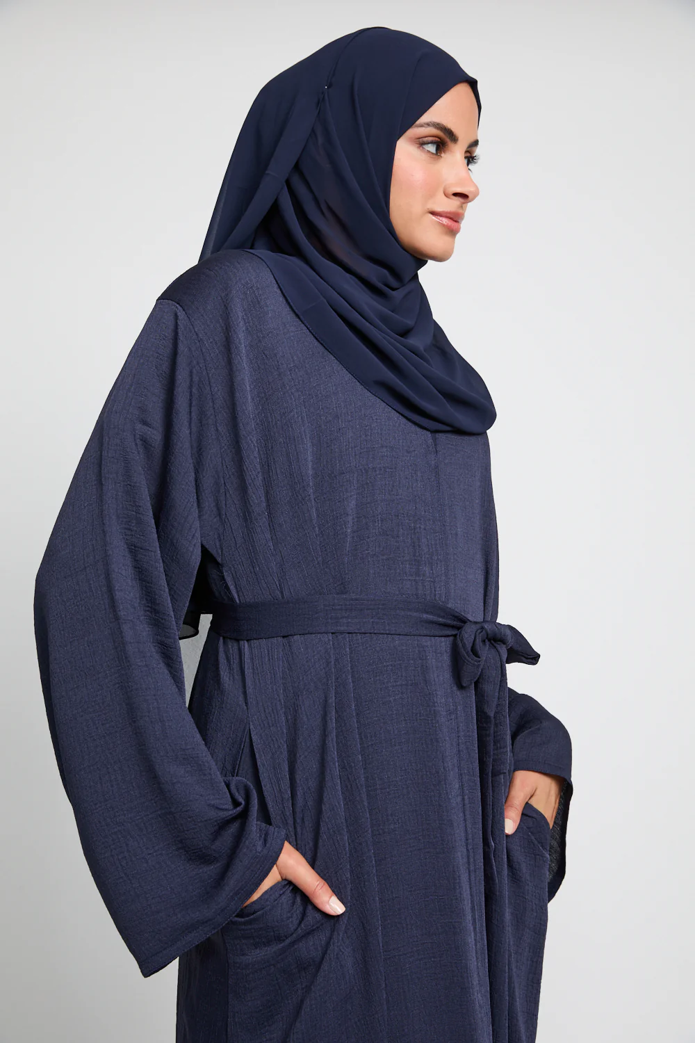Premium Textured Linen Blend Open Abaya with Pockets - Navy - Image 2