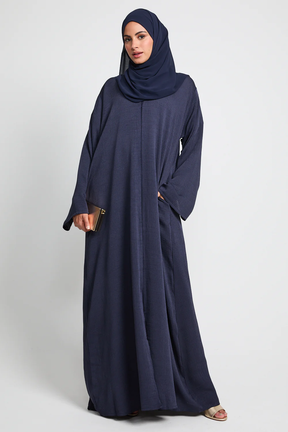 Premium Textured Linen Blend Open Abaya with Pockets - Navy - Image 3