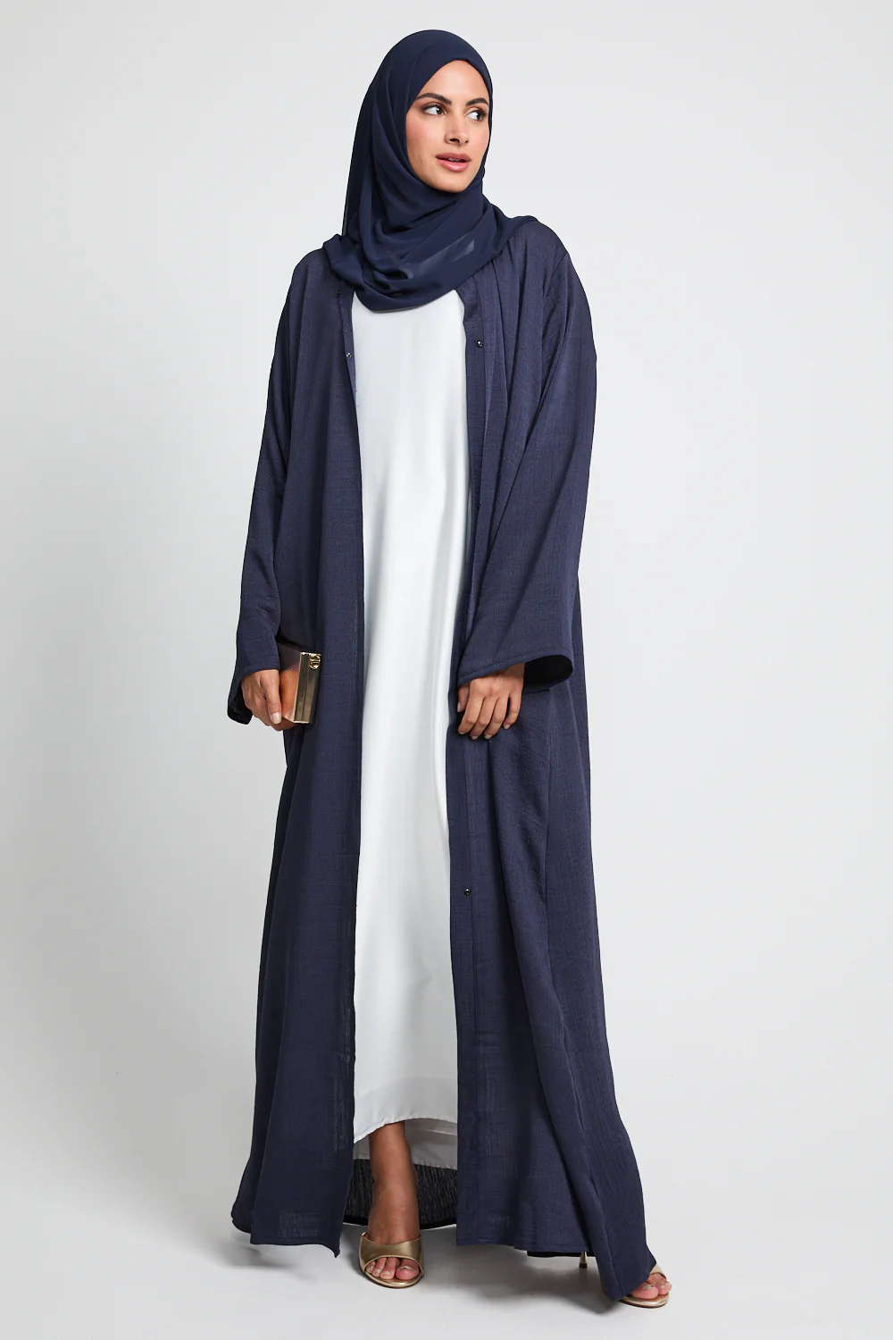 Premium Textured Linen Blend Open Abaya with Pockets - Navy - Image 4