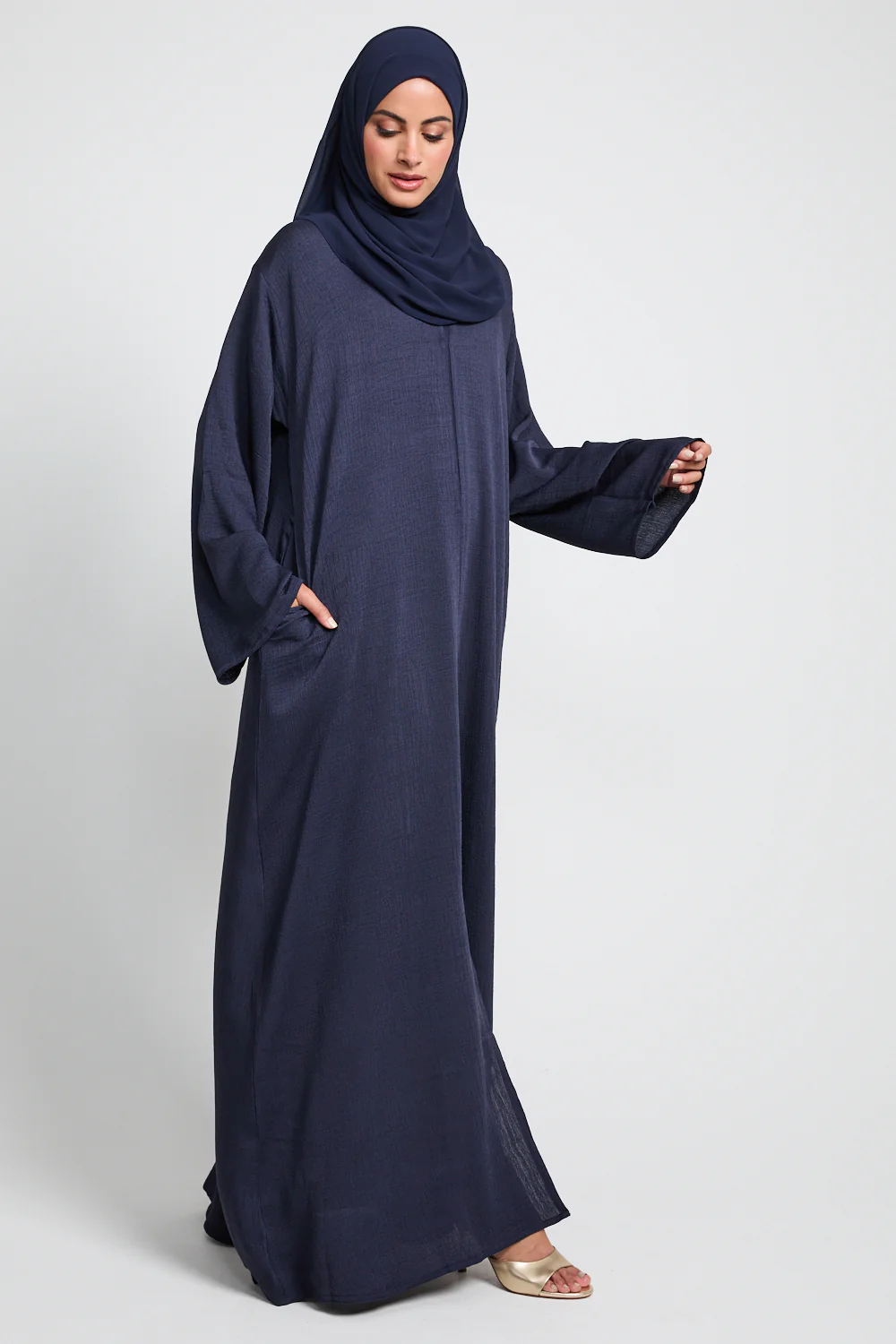 Premium Textured Linen Blend Open Abaya with Pockets - Navy - Image 5