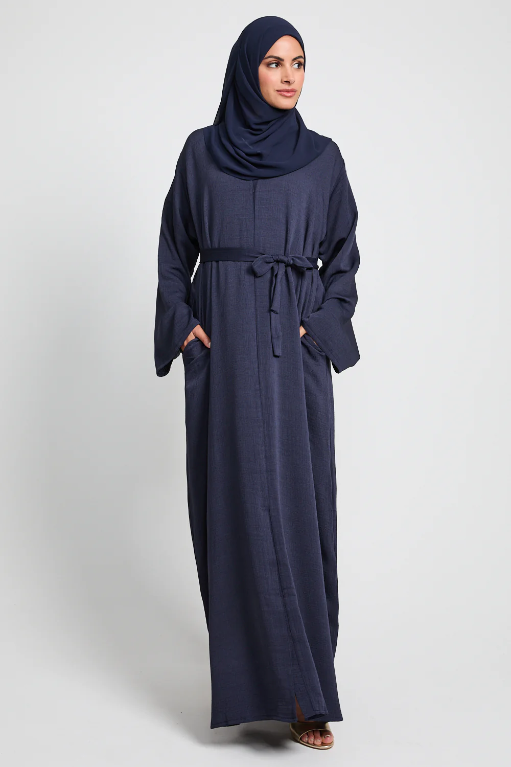 Premium Textured Linen Blend Open Abaya with Pockets - Navy - Image 6