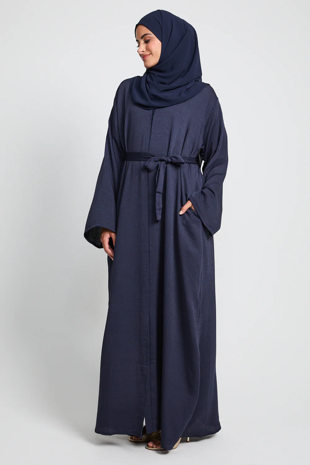 Premium Textured Linen Blend Open Abaya with Pockets - Navy - Image 7