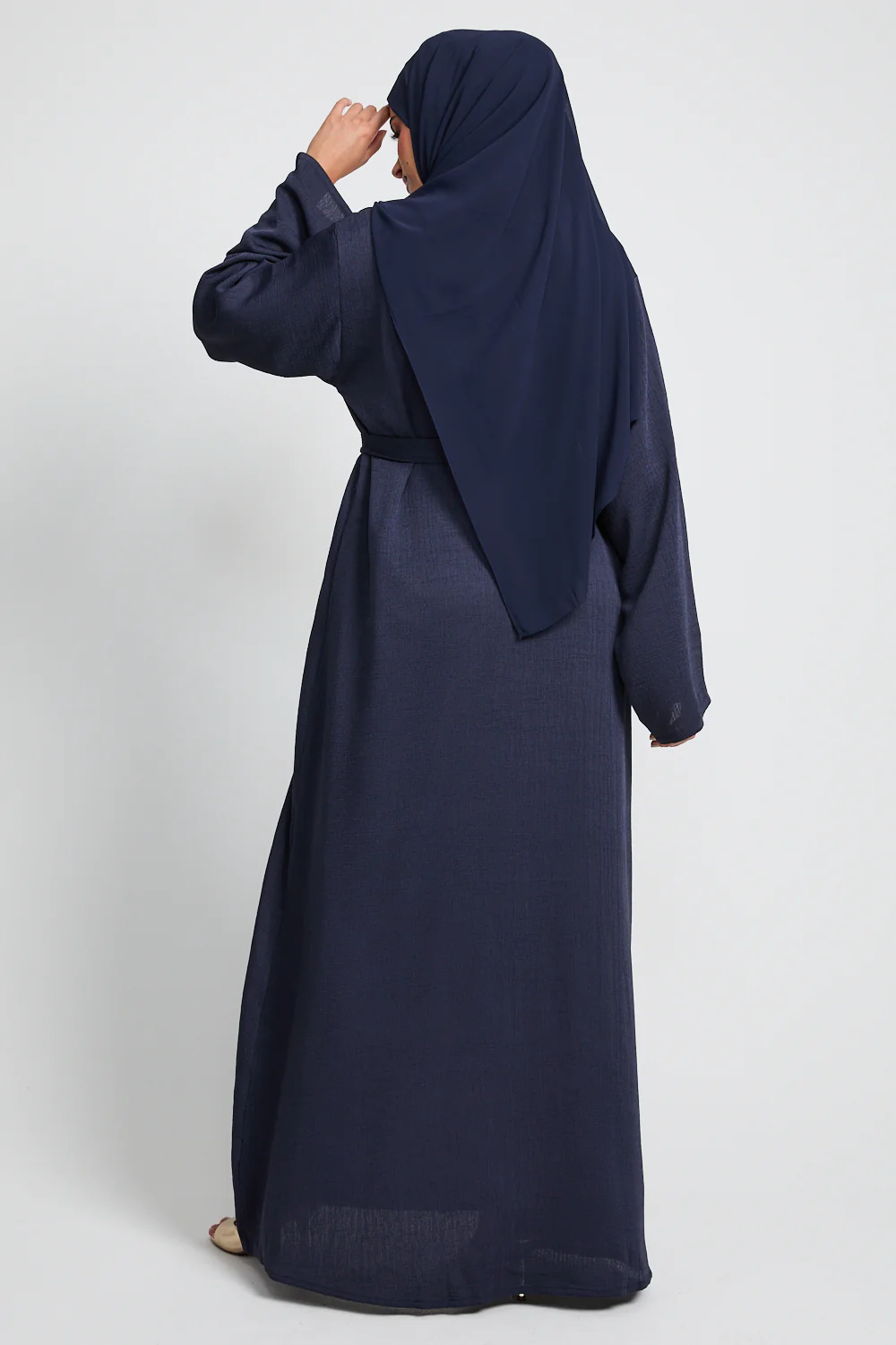 Premium Textured Linen Blend Open Abaya with Pockets - Navy - Image 8